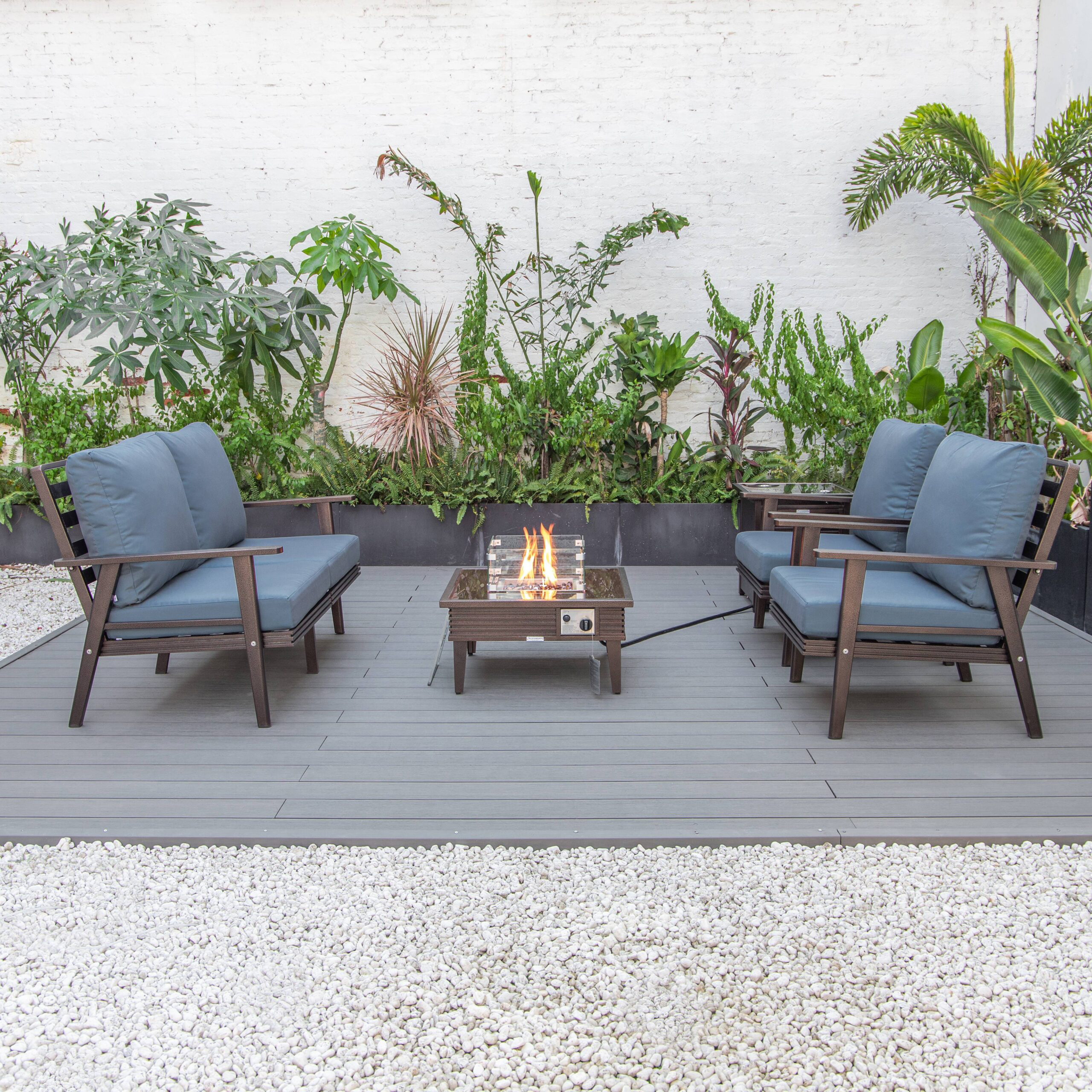 LeisureMod Walbrooke Modern Brown Patio Conversation With Square Fire Pit With Slats Design & Tank Holder - Navy Blue