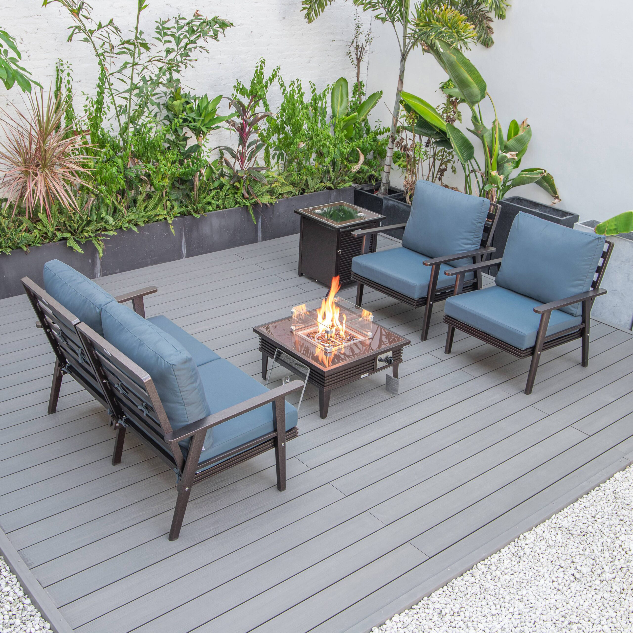 LeisureMod Walbrooke Modern Brown Patio Conversation With Square Fire Pit With Slats Design & Tank Holder - Navy Blue