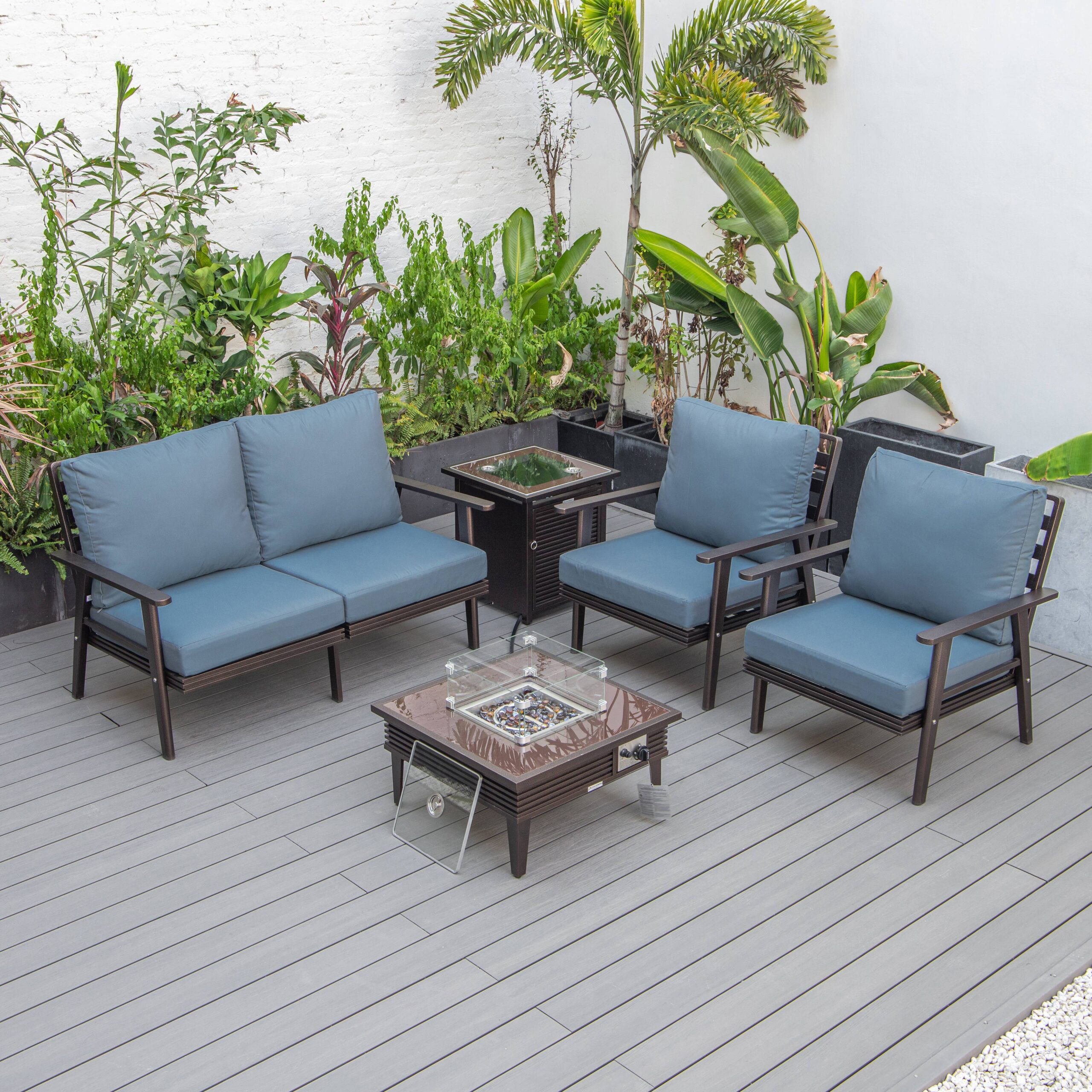 LeisureMod Walbrooke Modern Brown Patio Conversation With Square Fire Pit With Slats Design & Tank Holder - Navy Blue