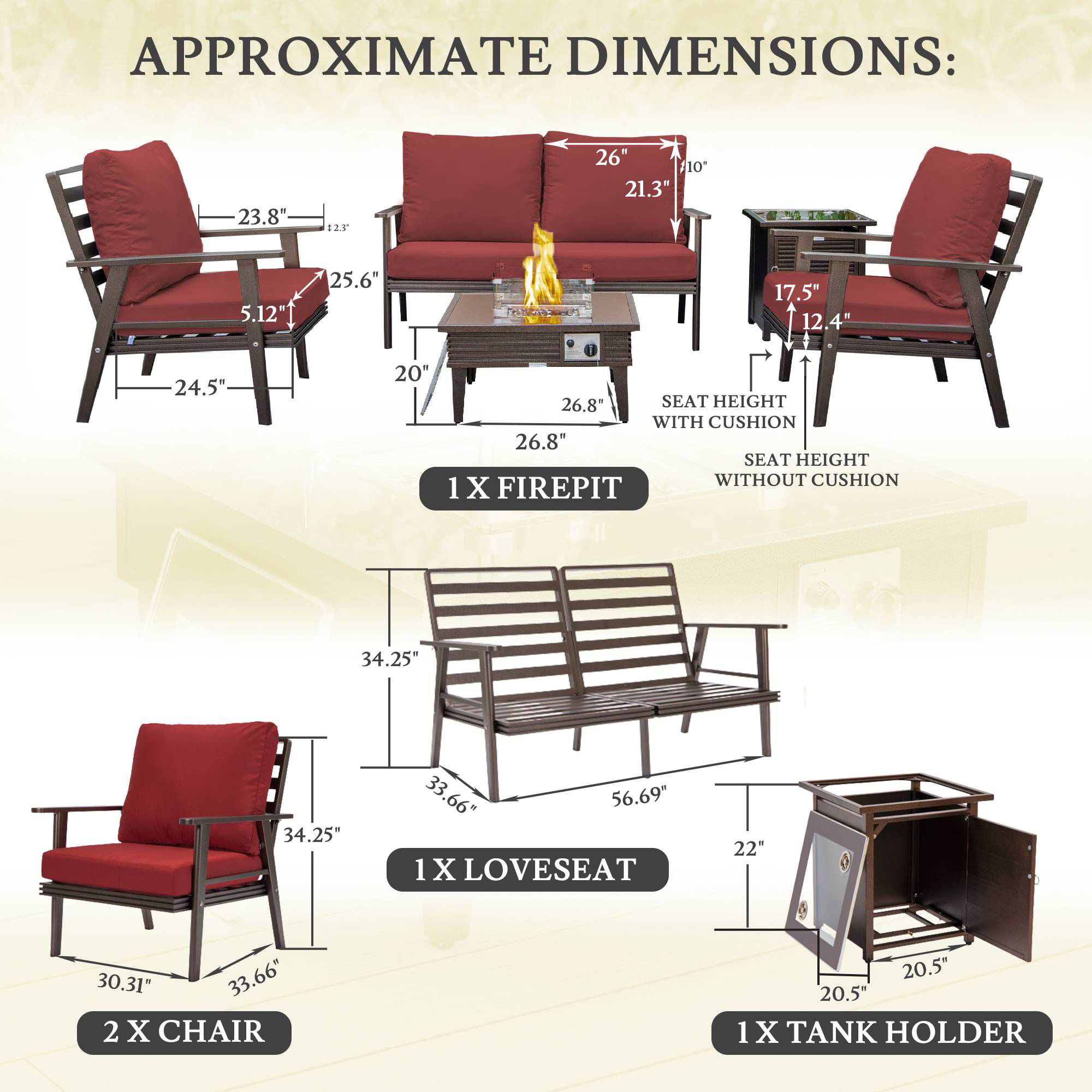 LeisureMod™ Walbrooke Modern Brown Patio Conversation With Square Fire Pit With Slats Design & Tank Holder - Red