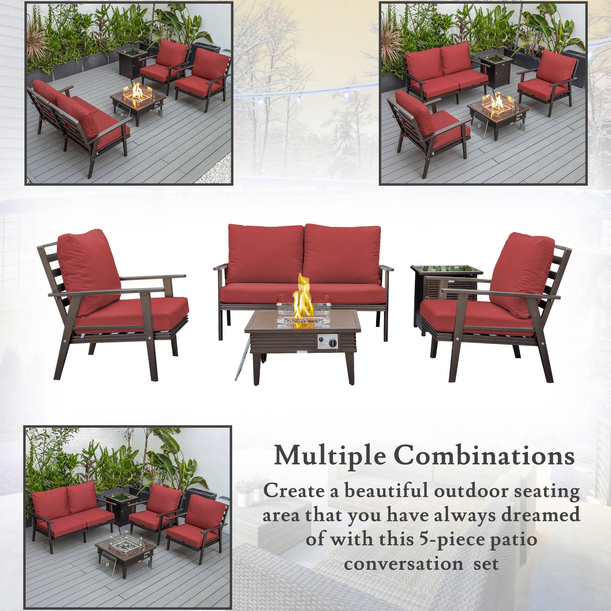 LeisureMod™ Walbrooke Modern Brown Patio Conversation With Square Fire Pit With Slats Design & Tank Holder - Red