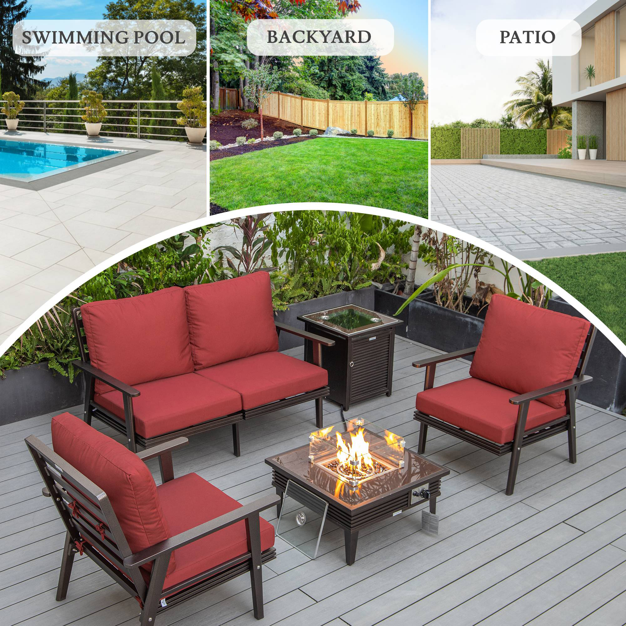 LeisureMod™ Walbrooke Modern Brown Patio Conversation With Square Fire Pit With Slats Design & Tank Holder - Red