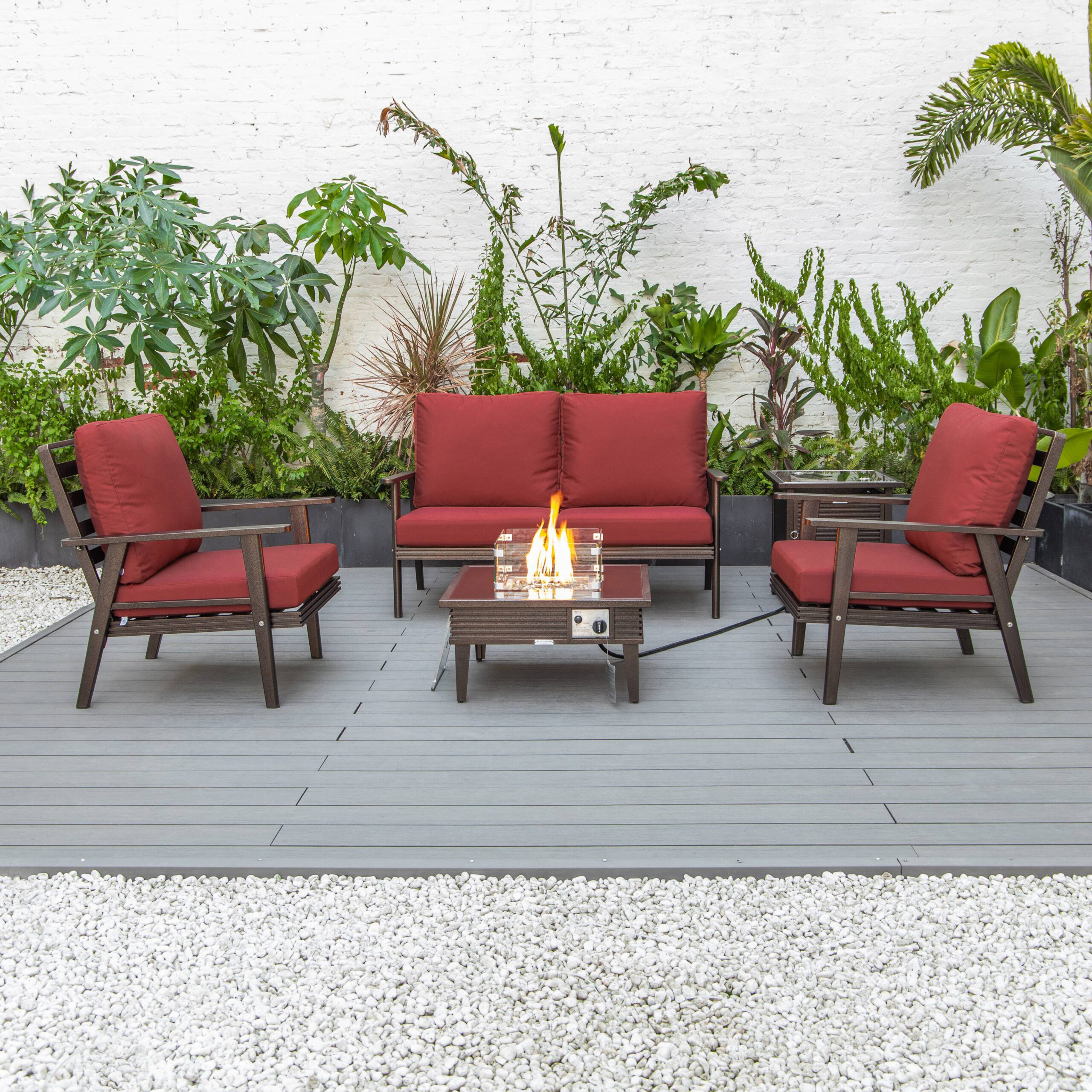 LeisureMod™ Walbrooke Modern Brown Patio Conversation With Square Fire Pit With Slats Design & Tank Holder - Red