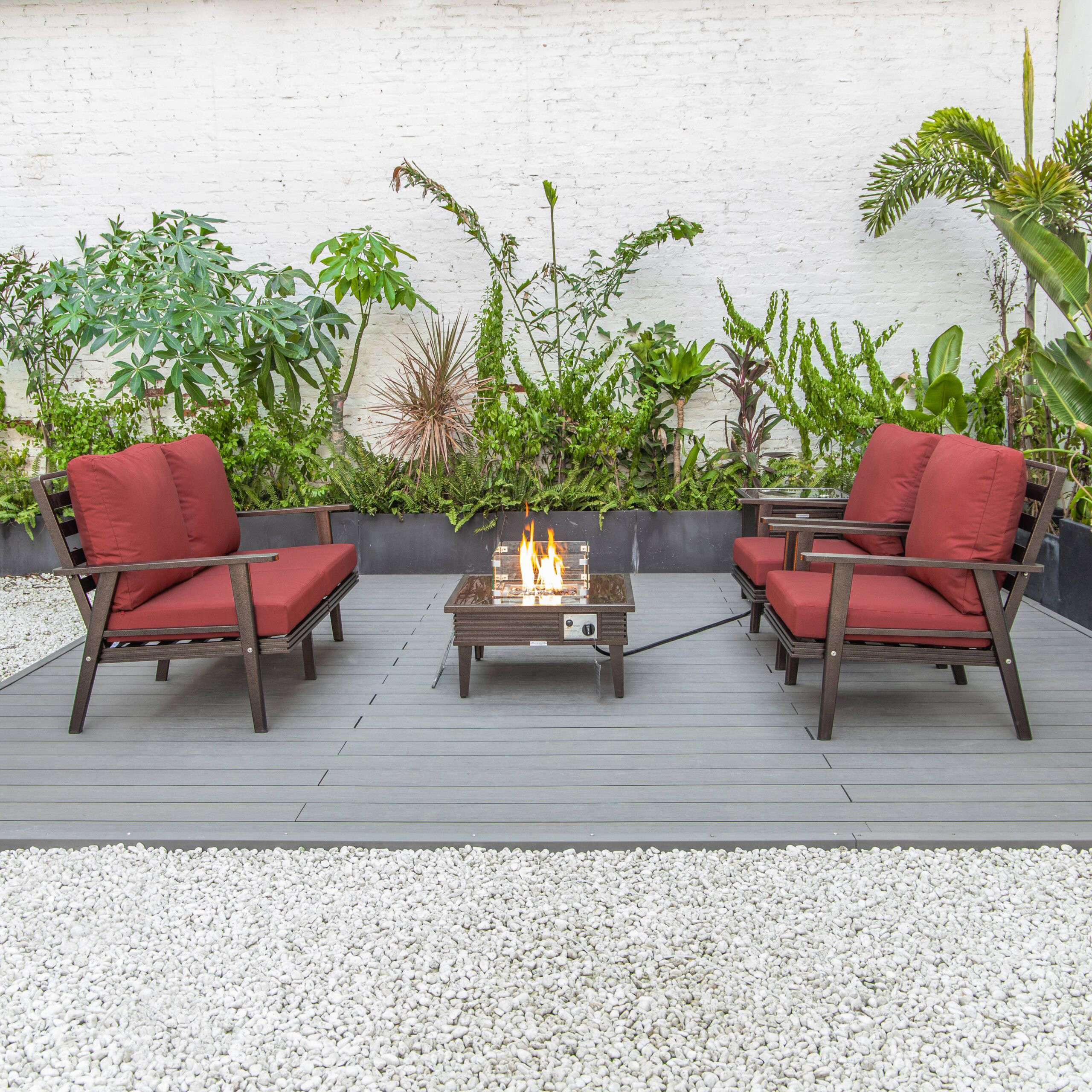 LeisureMod™ Walbrooke Modern Brown Patio Conversation With Square Fire Pit With Slats Design & Tank Holder - Red