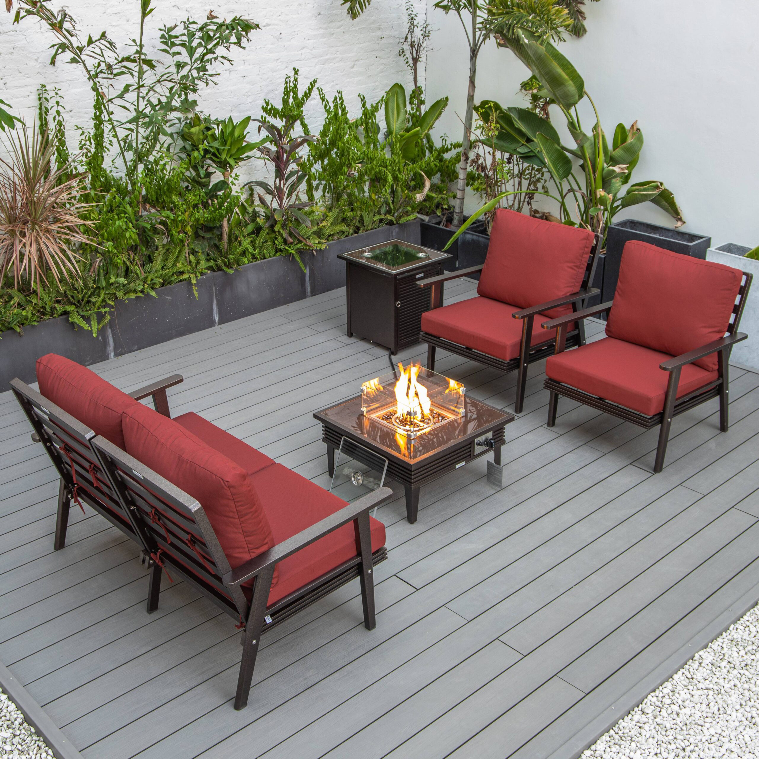 LeisureMod™ Walbrooke Modern Brown Patio Conversation With Square Fire Pit With Slats Design & Tank Holder - Red