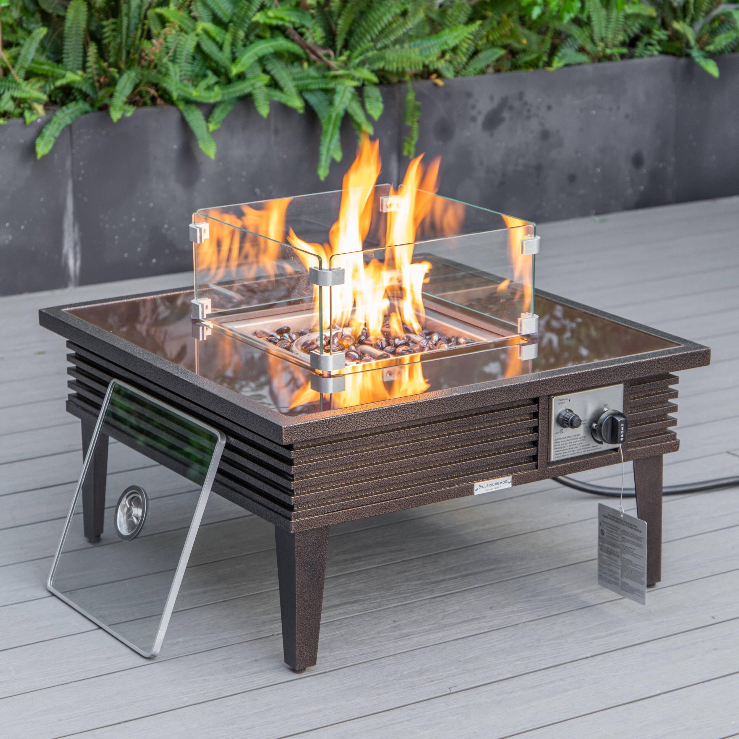 LeisureMod™ Walbrooke Modern Brown Patio Conversation With Square Fire Pit With Slats Design & Tank Holder - Red