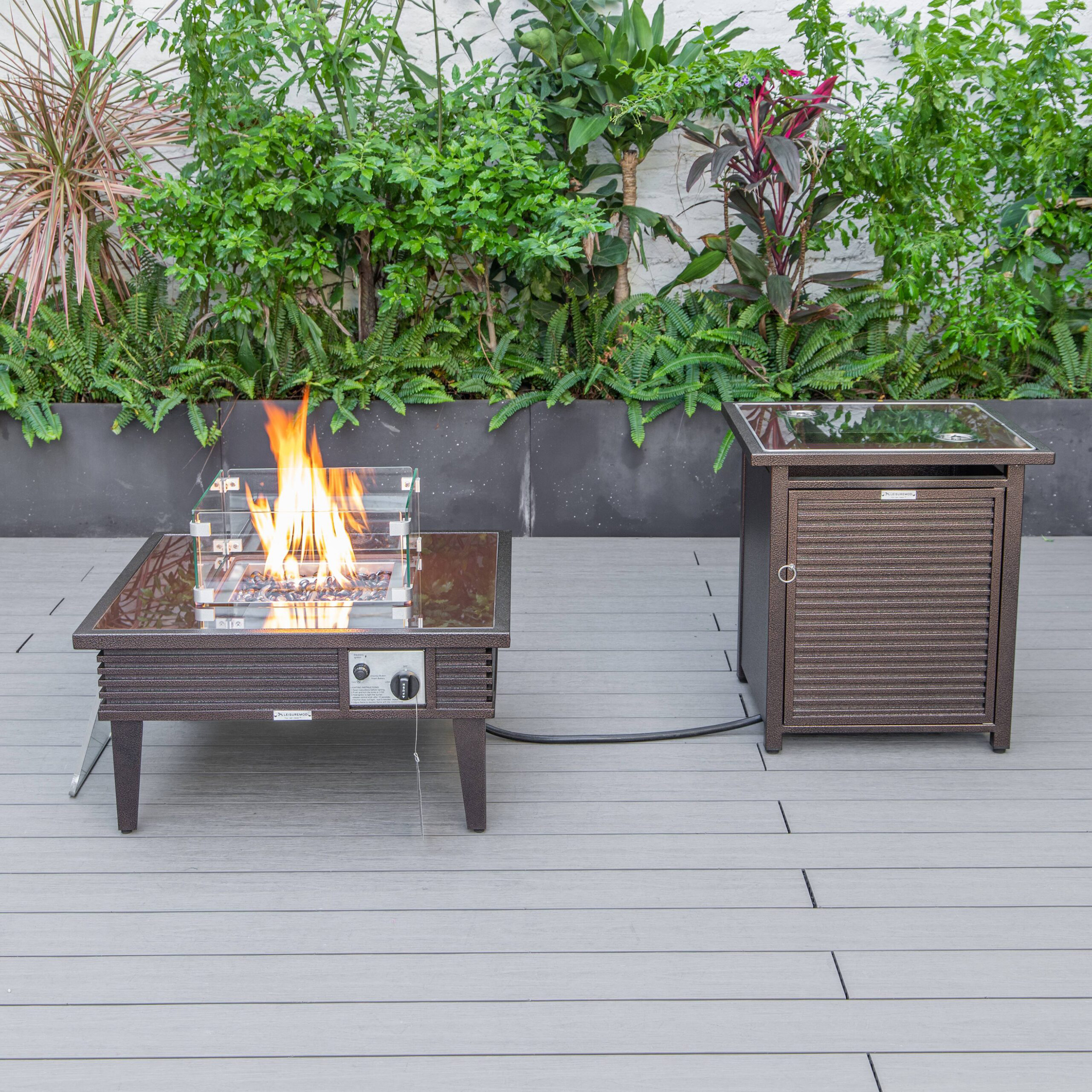 LeisureMod Walbrooke Outdoor Patio Round Fire Pit and Tank Holder with Slats Design