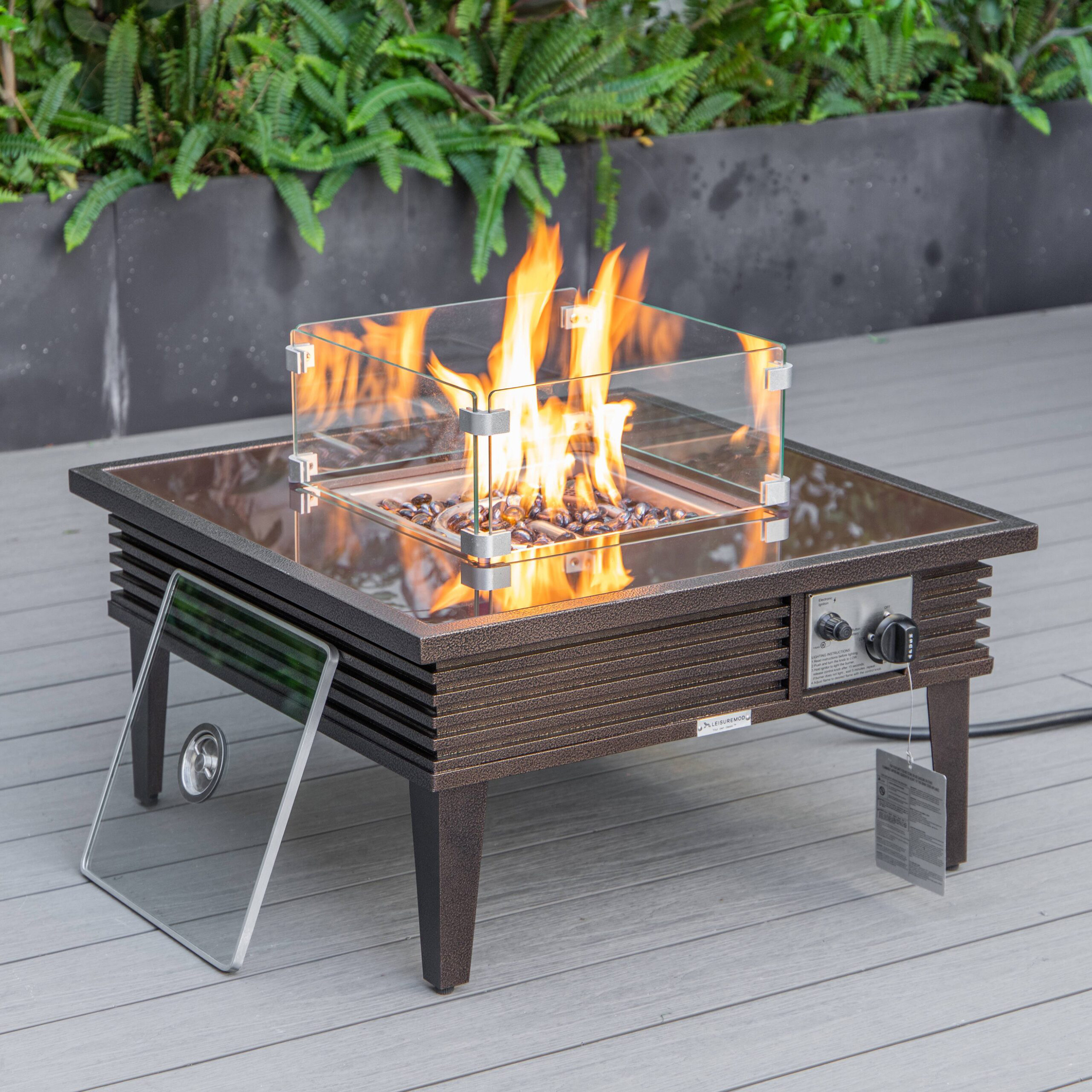 LeisureMod Walbrooke Outdoor Patio Square Fire Pit and Tank Holder with Slats Design - Brown