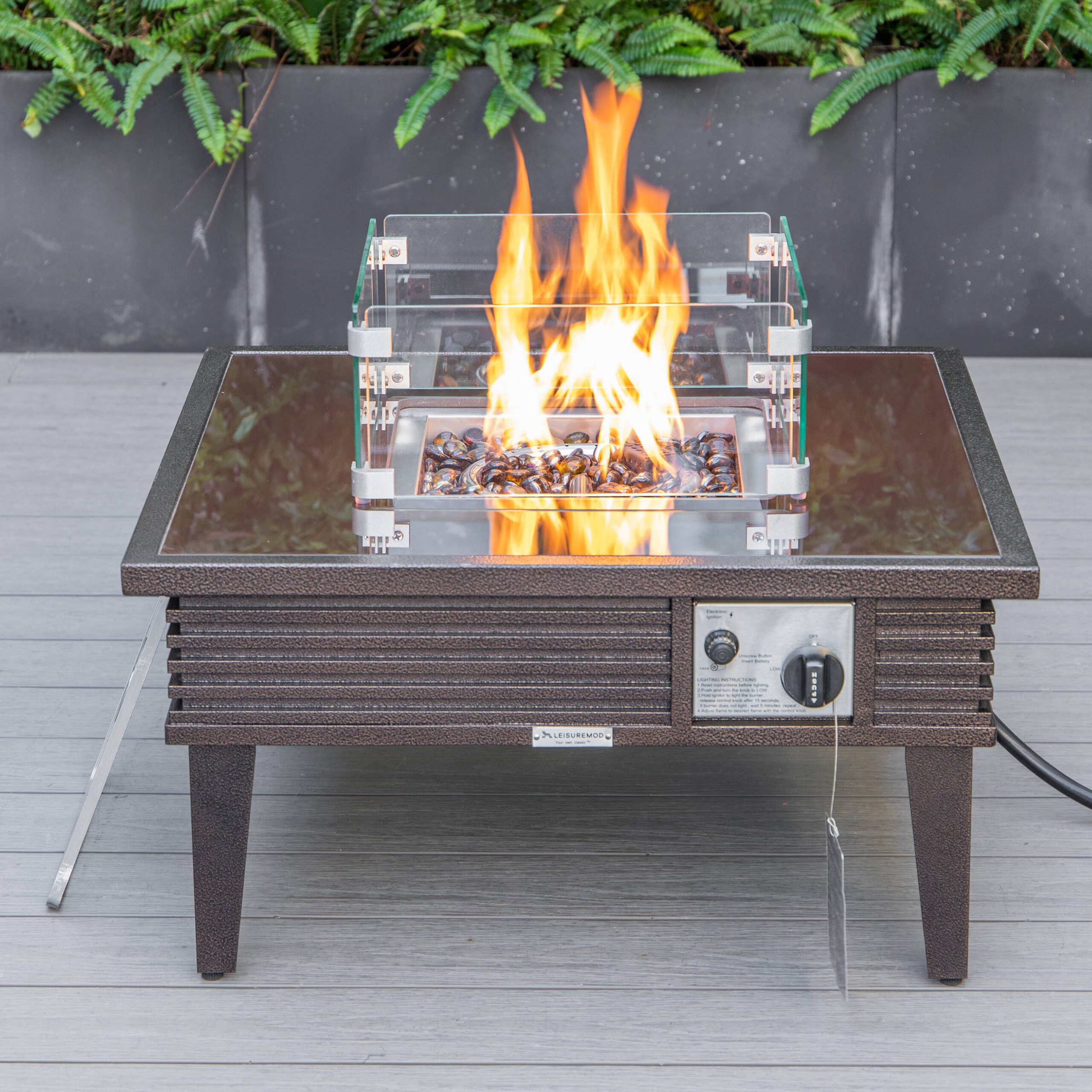 LeisureMod Walbrooke Modern Outdoor Square Fire Pit Table with Powder-Coated Aluminum Frame and Slats Design - Brown