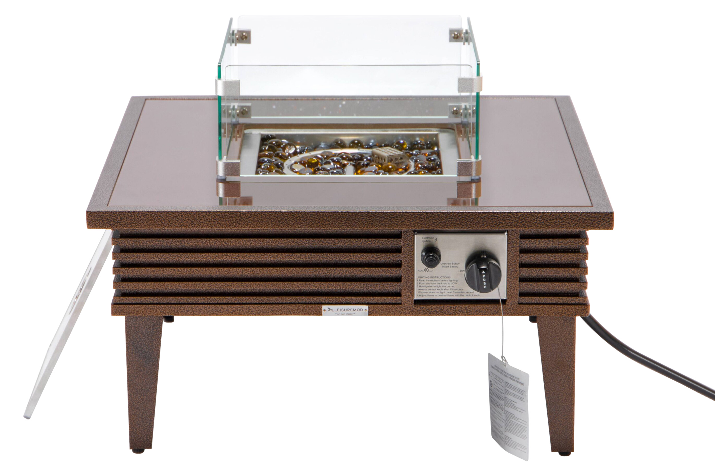 LeisureMod Walbrooke Modern Outdoor Square Fire Pit Table with Powder-Coated Aluminum Frame and Slats Design - Brown