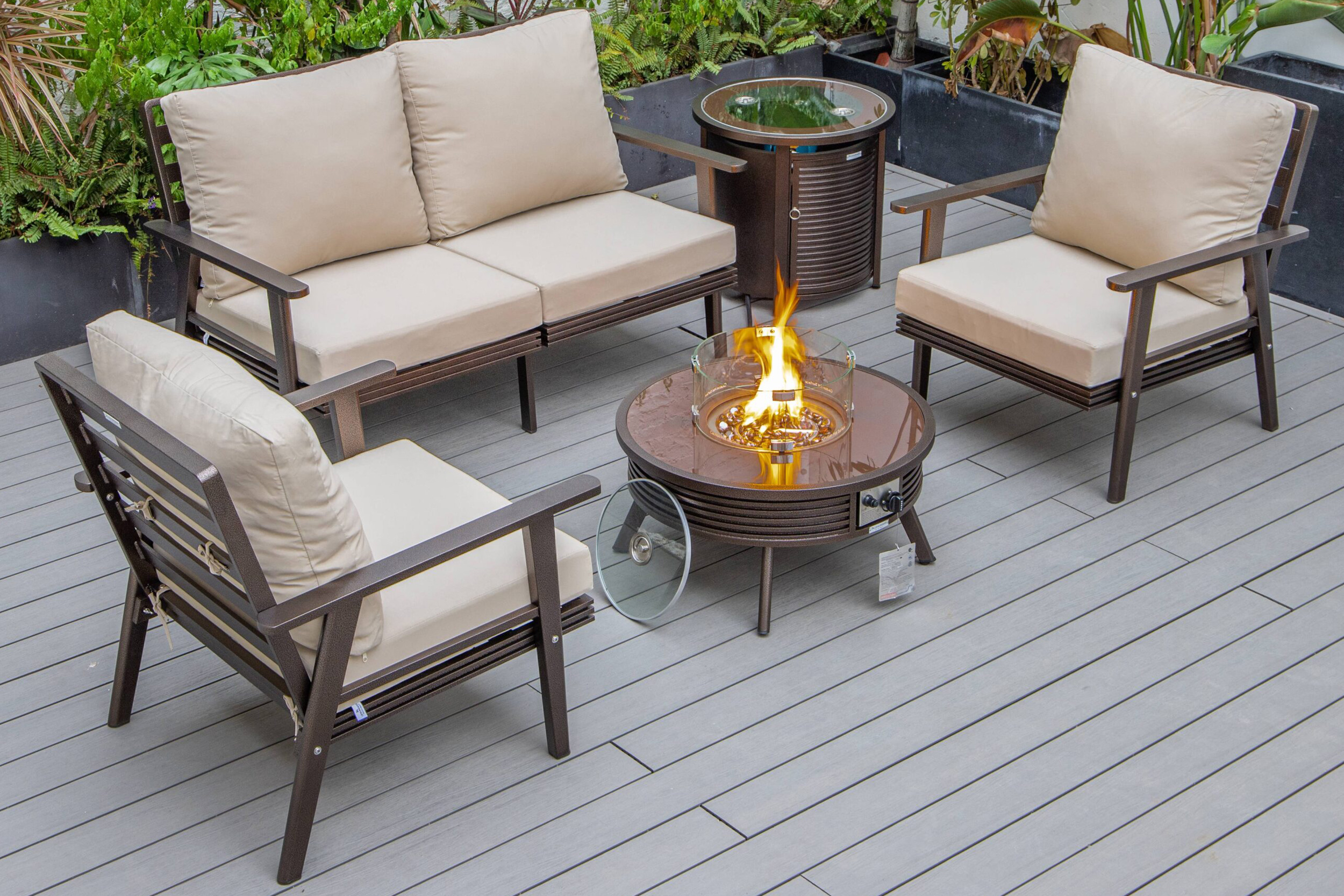 LeisureMod Walbrooke Modern Black Patio Conversation With Round Fire Pit With Slats Design & Tank Holder