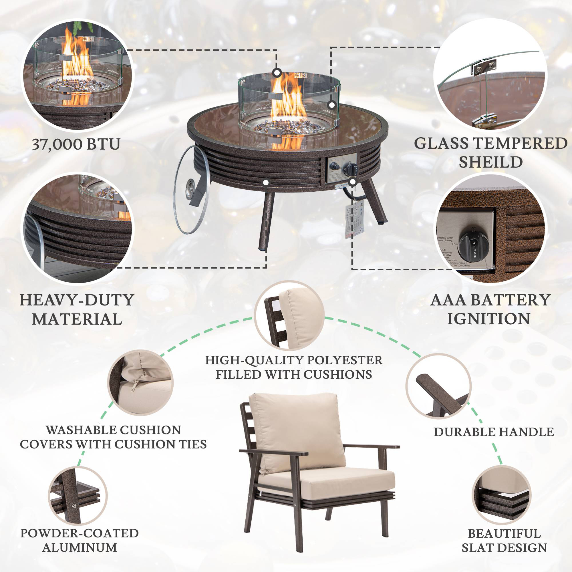 LeisureMod Walbrooke Modern Brown Patio Conversation With Round Fire Pit With Slats Design & Tank Holder - Beige