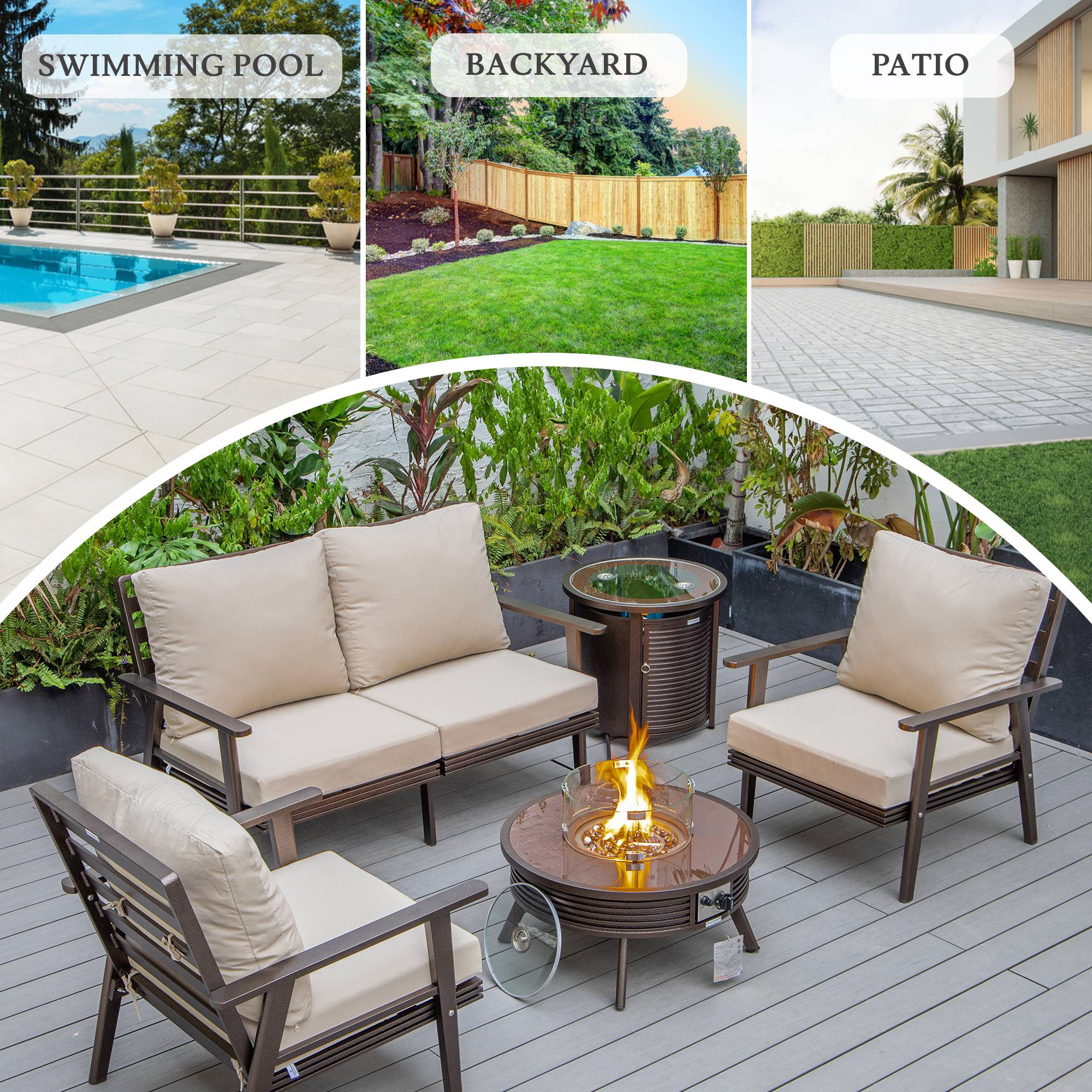 LeisureMod Walbrooke Modern Brown Patio Conversation With Round Fire Pit With Slats Design & Tank Holder - Beige