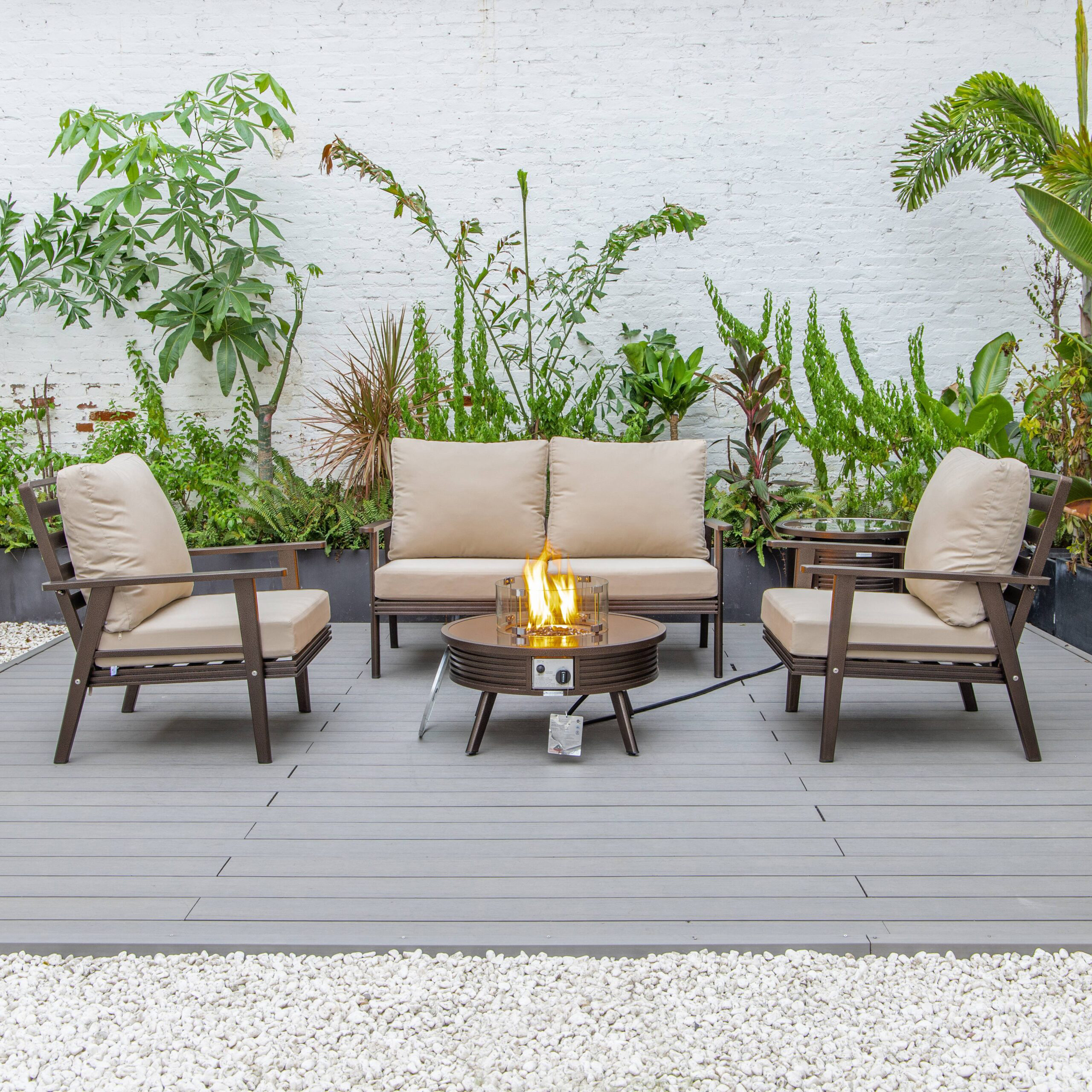 LeisureMod Walbrooke Modern Brown Patio Conversation With Round Fire Pit With Slats Design & Tank Holder - Beige