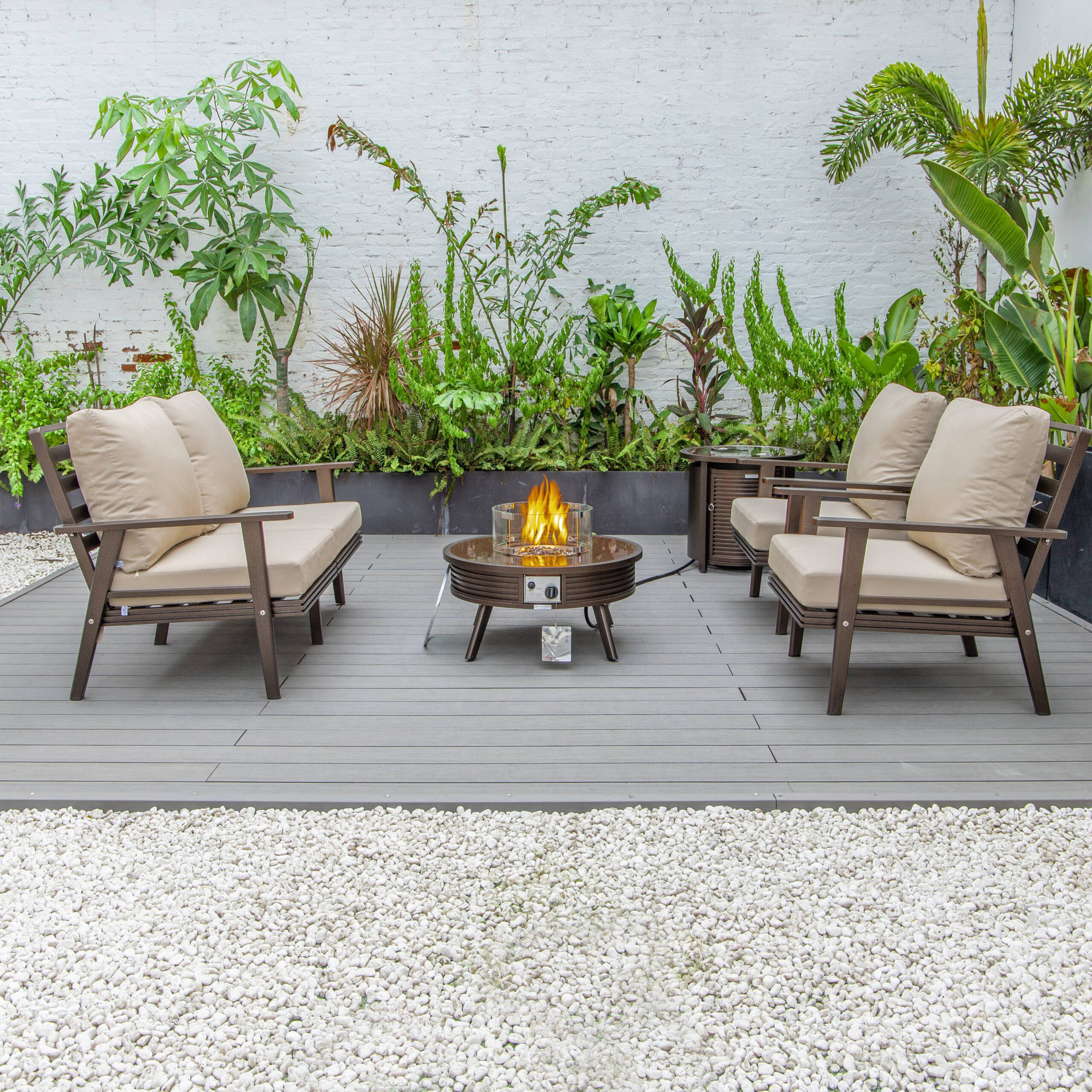 LeisureMod Walbrooke Modern Brown Patio Conversation With Round Fire Pit With Slats Design & Tank Holder - Beige