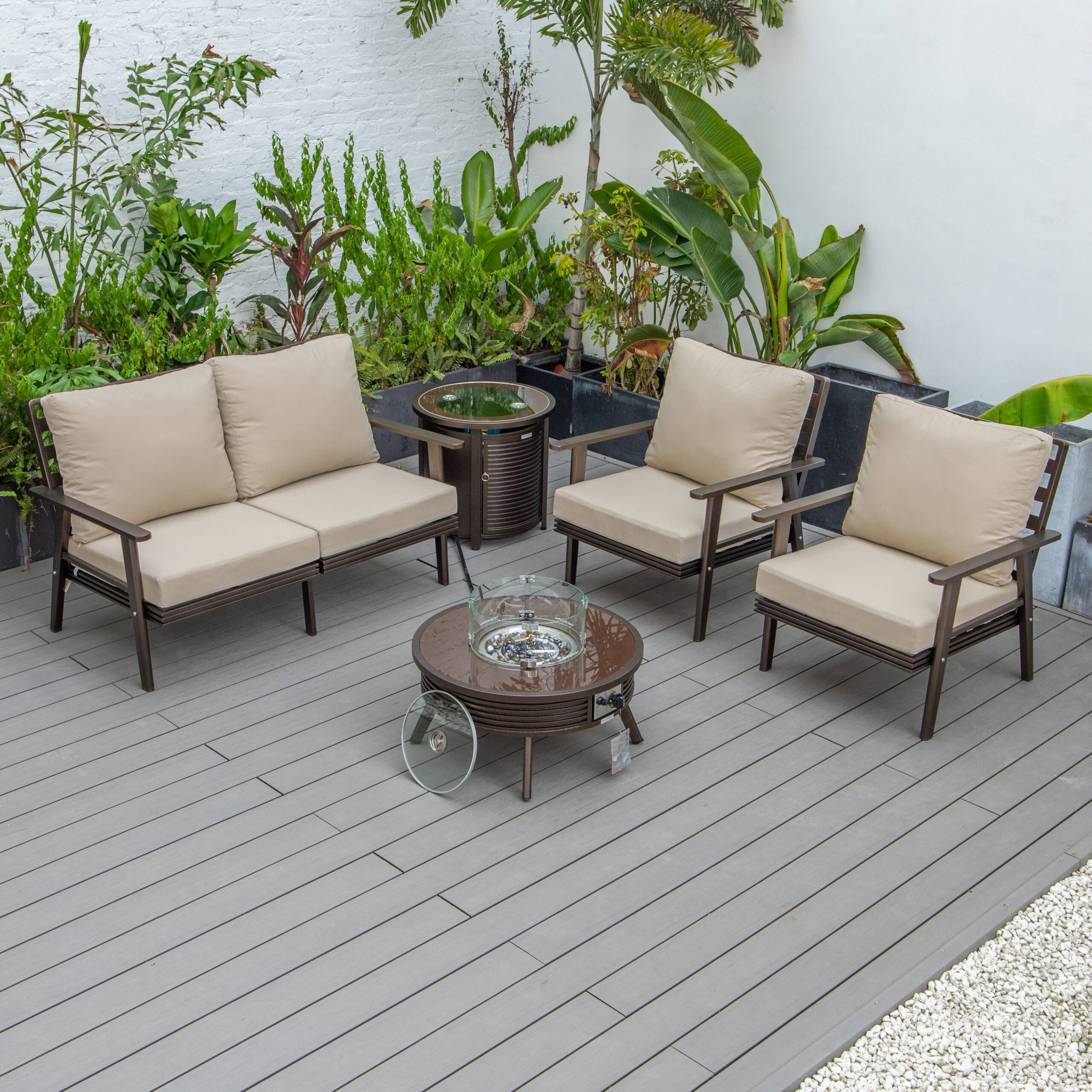 LeisureMod Walbrooke Modern Brown Patio Conversation With Round Fire Pit With Slats Design & Tank Holder - Beige