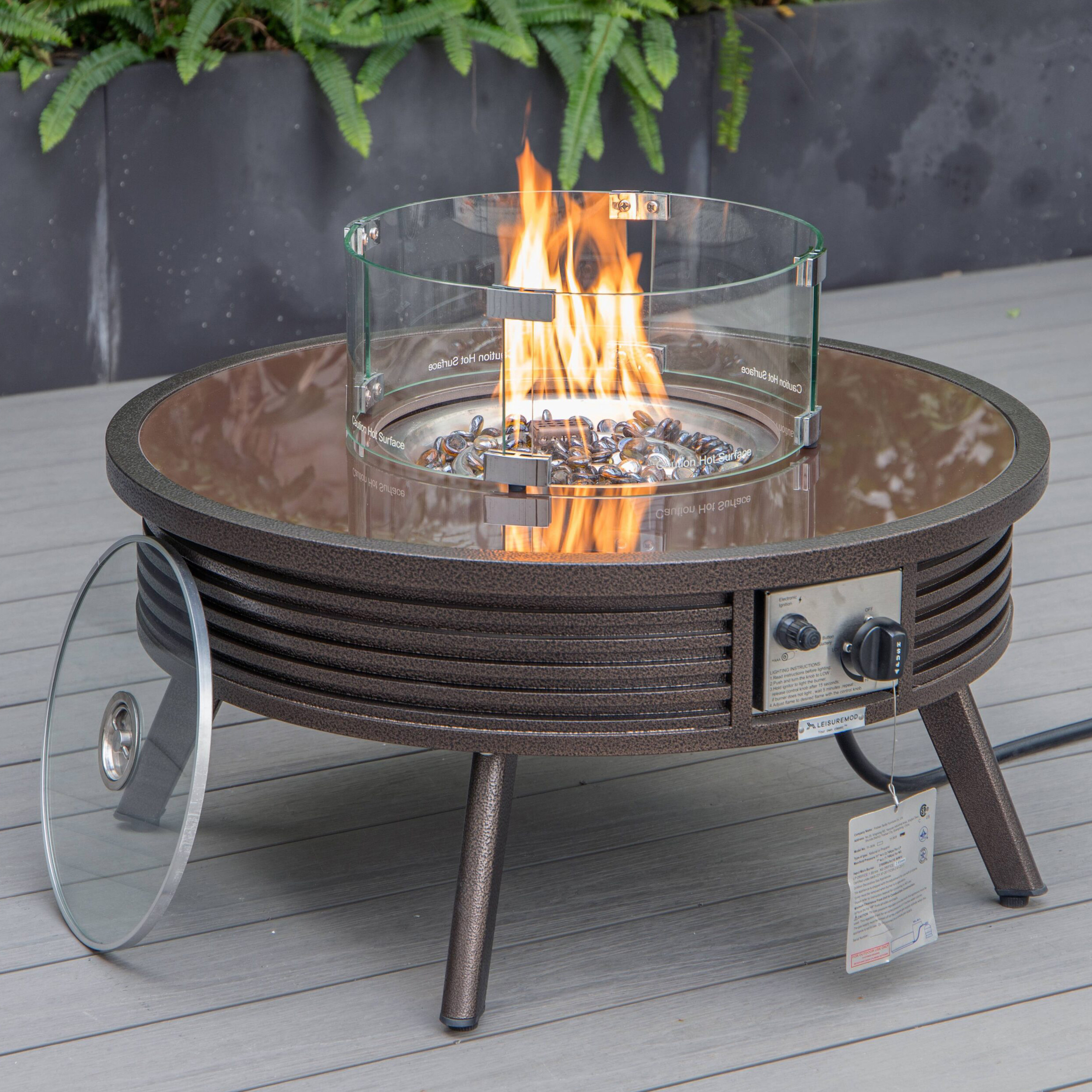 LeisureMod Walbrooke Modern Brown Patio Conversation With Round Fire Pit With Slats Design & Tank Holder - Beige