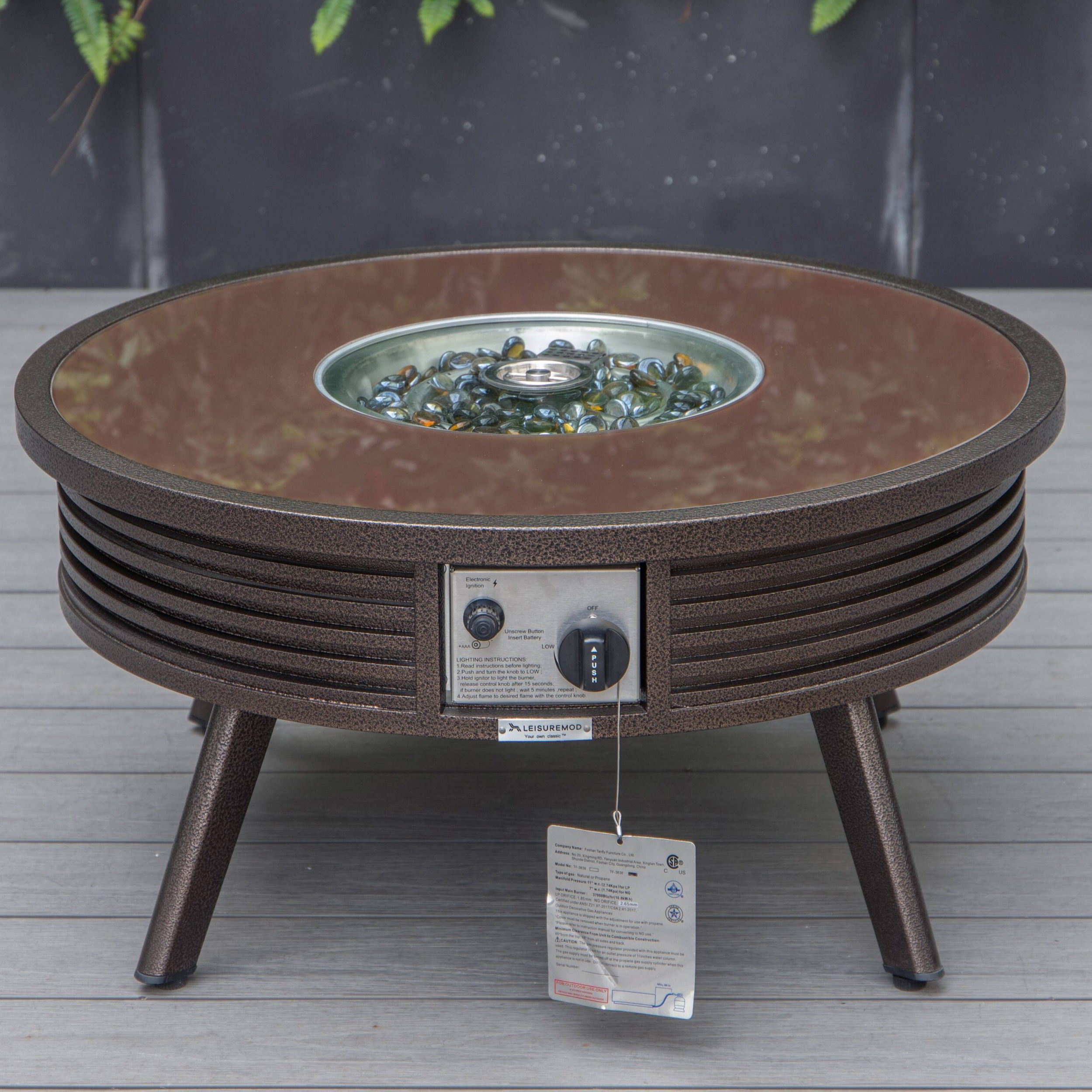 LeisureMod Walbrooke Modern Brown Patio Conversation With Round Fire Pit With Slats Design & Tank Holder - Beige