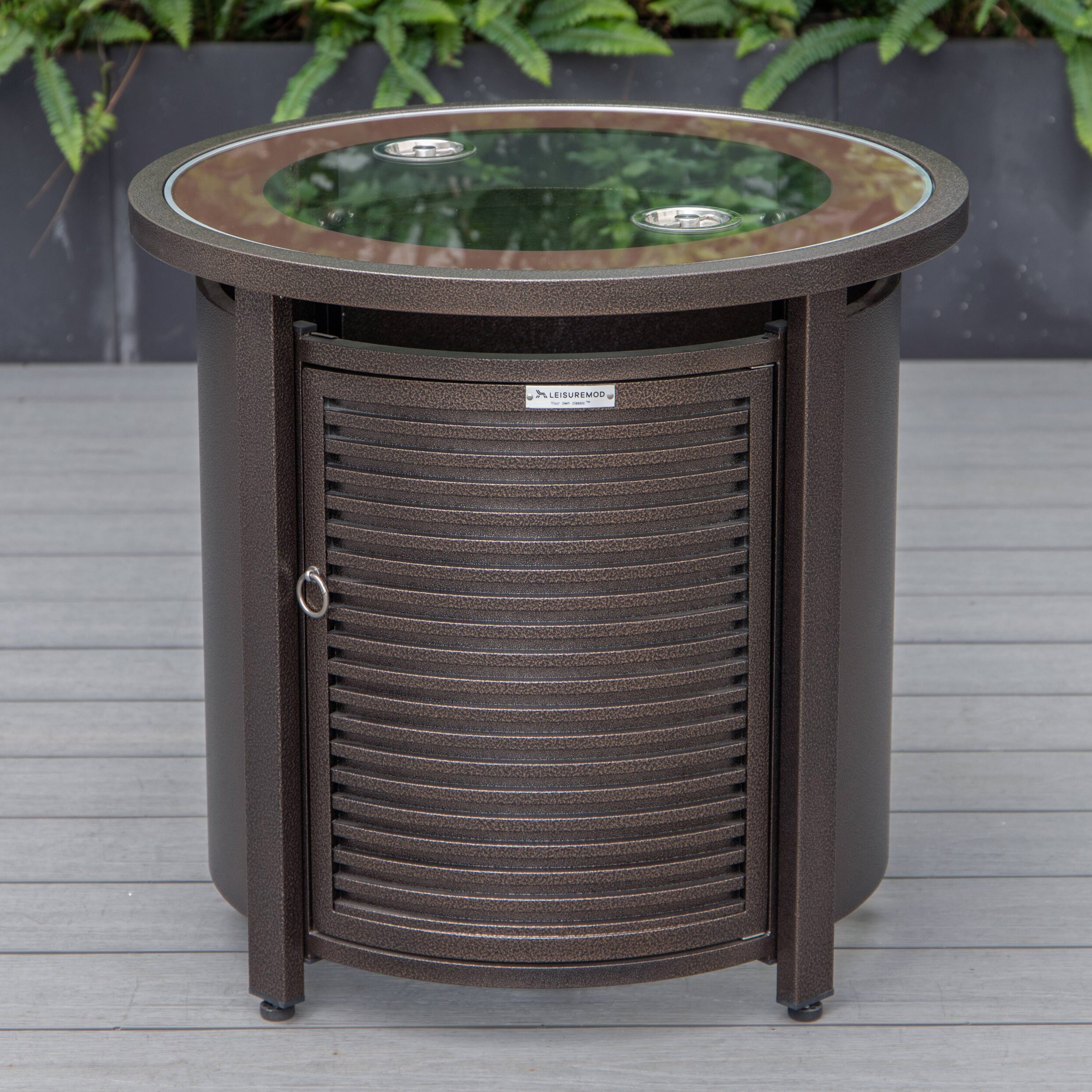 LeisureMod Walbrooke Modern Brown Patio Conversation With Round Fire Pit With Slats Design & Tank Holder - Beige