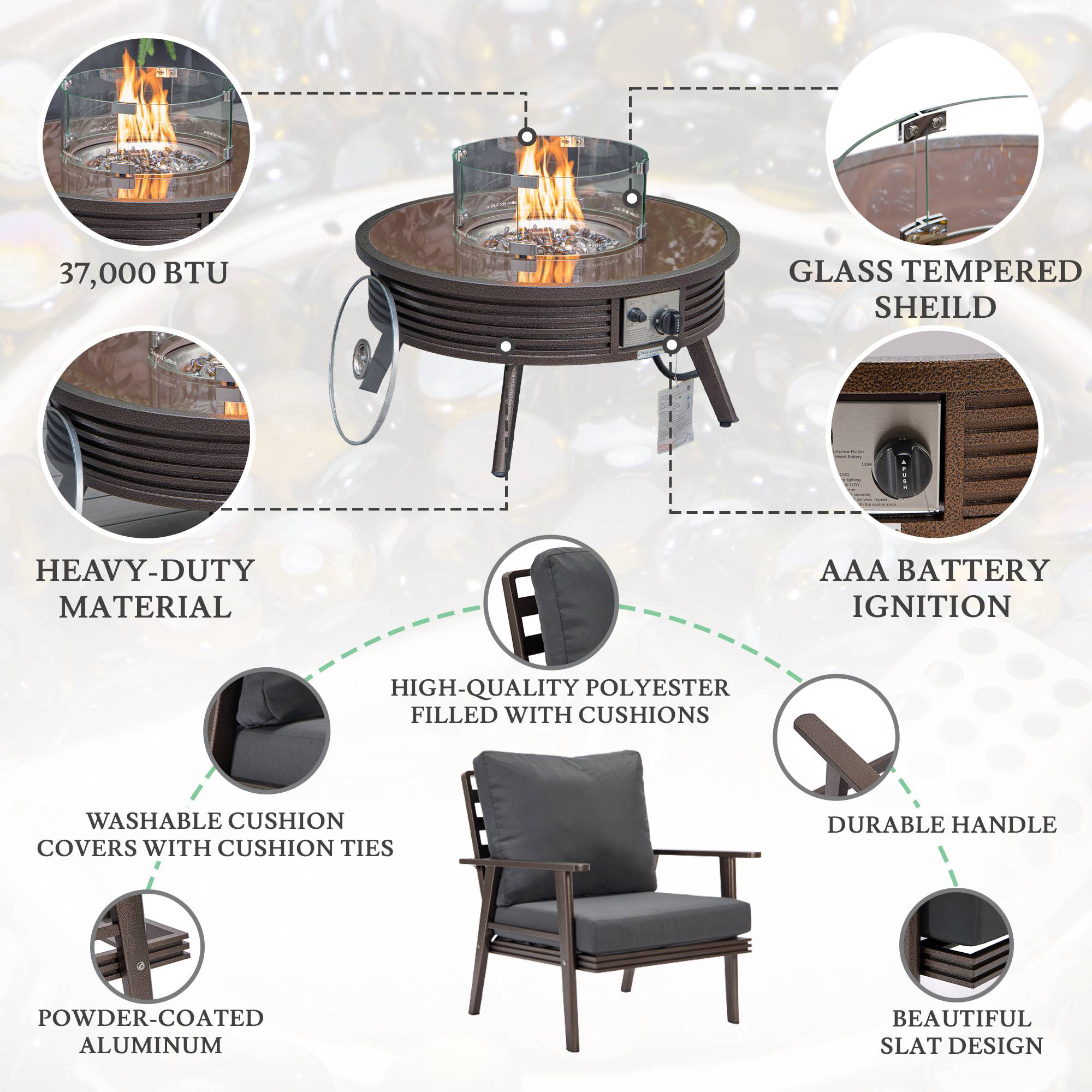 LeisureMod Walbrooke Modern Brown Patio Conversation With Round Fire Pit With Slats Design & Tank Holder - Charcoal