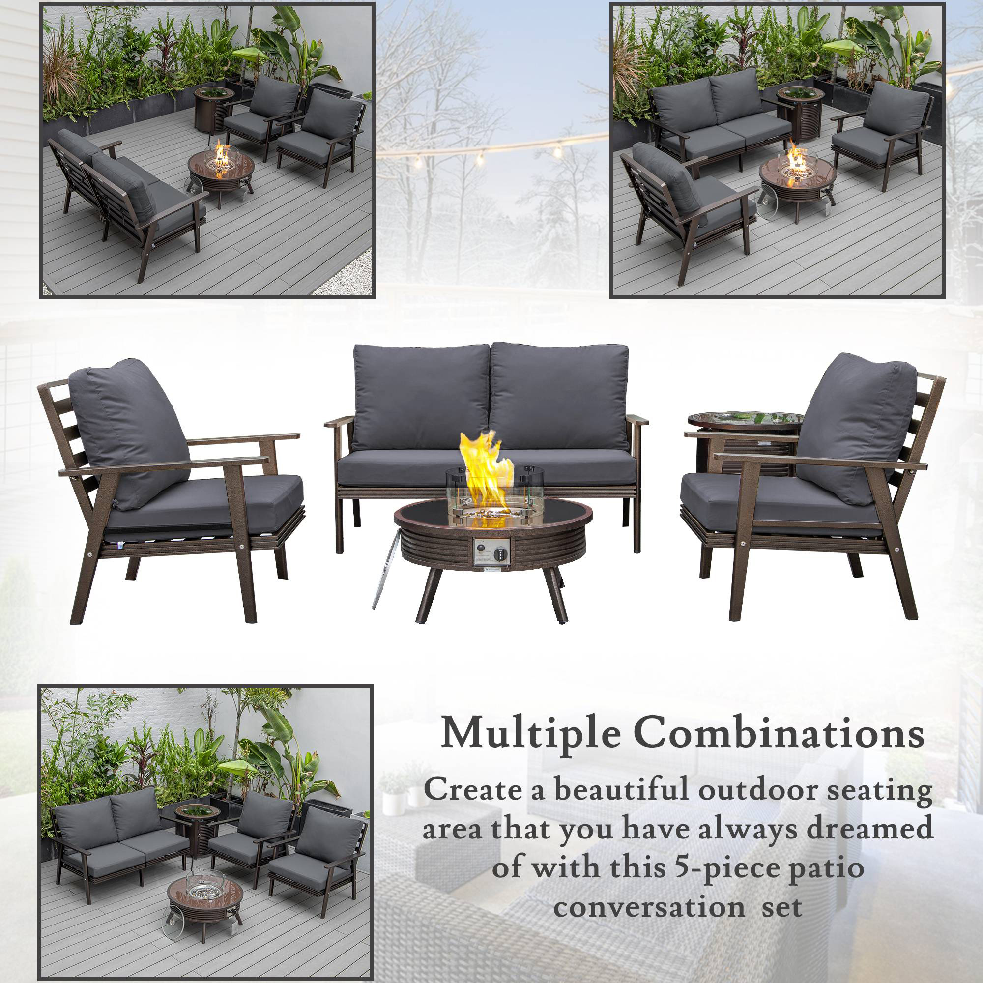 LeisureMod Walbrooke Modern Brown Patio Conversation With Round Fire Pit With Slats Design & Tank Holder - Charcoal