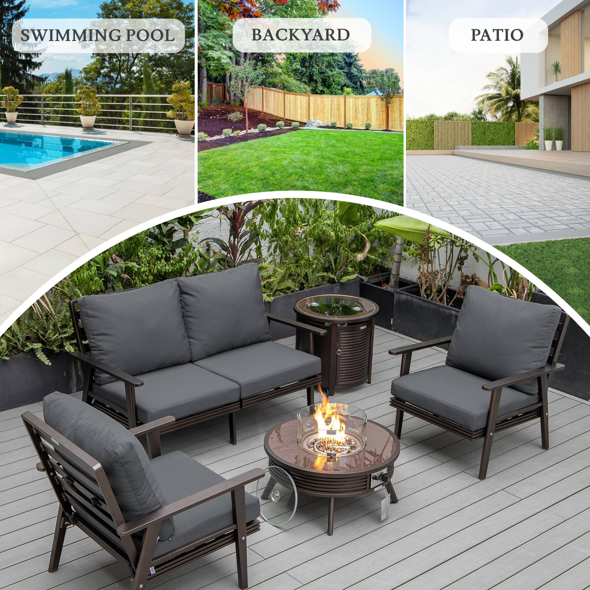 LeisureMod Walbrooke Modern Brown Patio Conversation With Round Fire Pit With Slats Design & Tank Holder - Charcoal