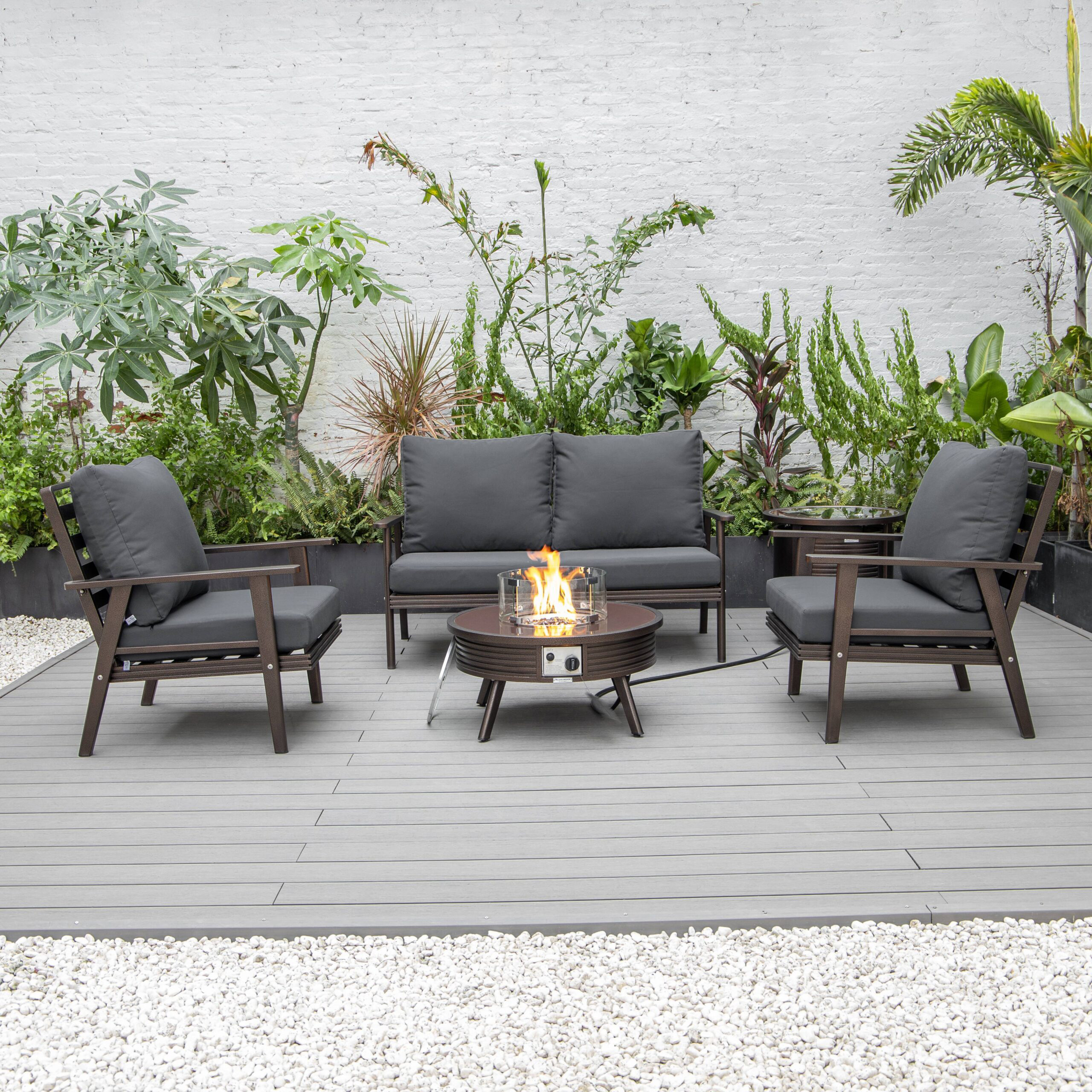 LeisureMod Walbrooke Modern Brown Patio Conversation With Round Fire Pit With Slats Design & Tank Holder - Charcoal