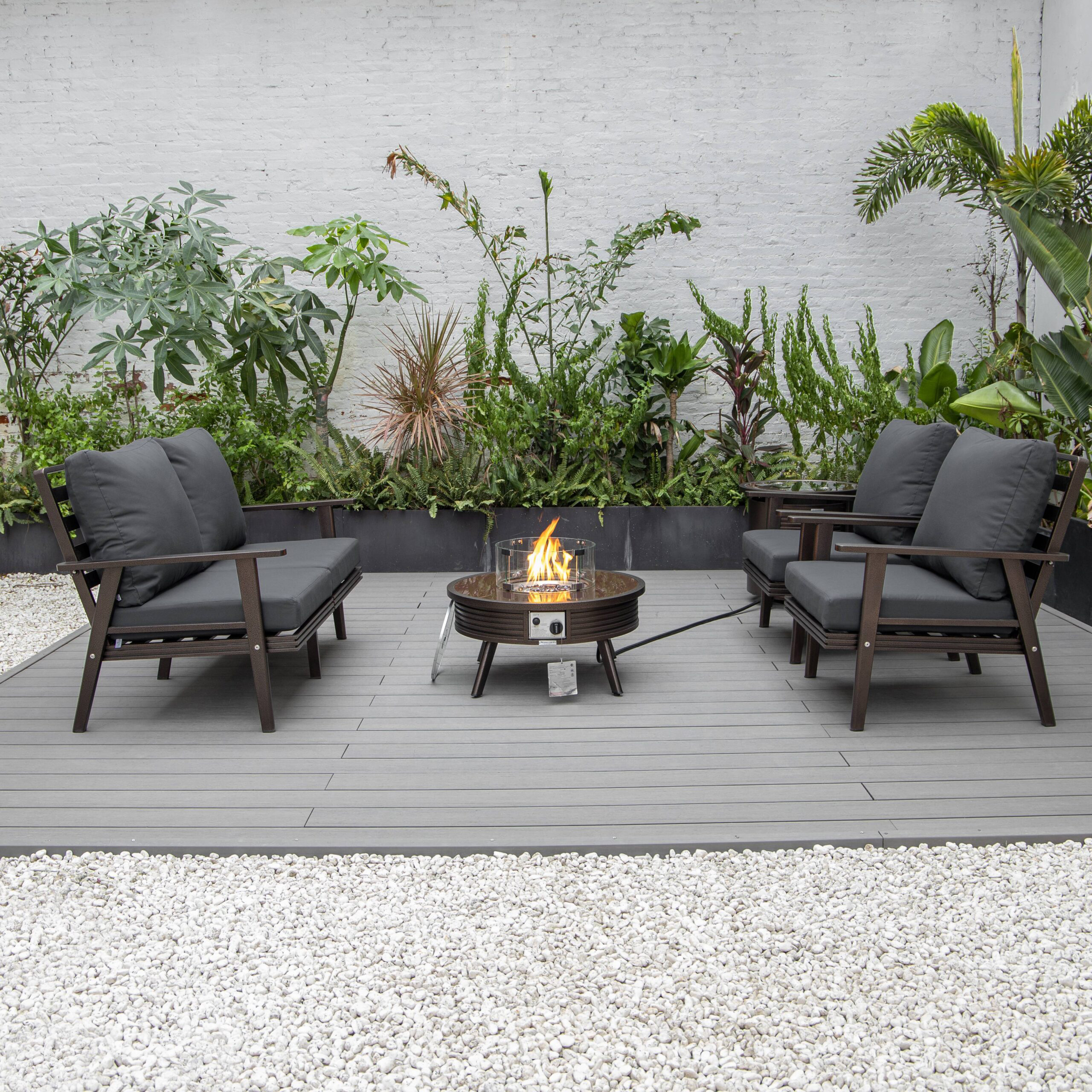 LeisureMod Walbrooke Modern Brown Patio Conversation With Round Fire Pit With Slats Design & Tank Holder - Charcoal