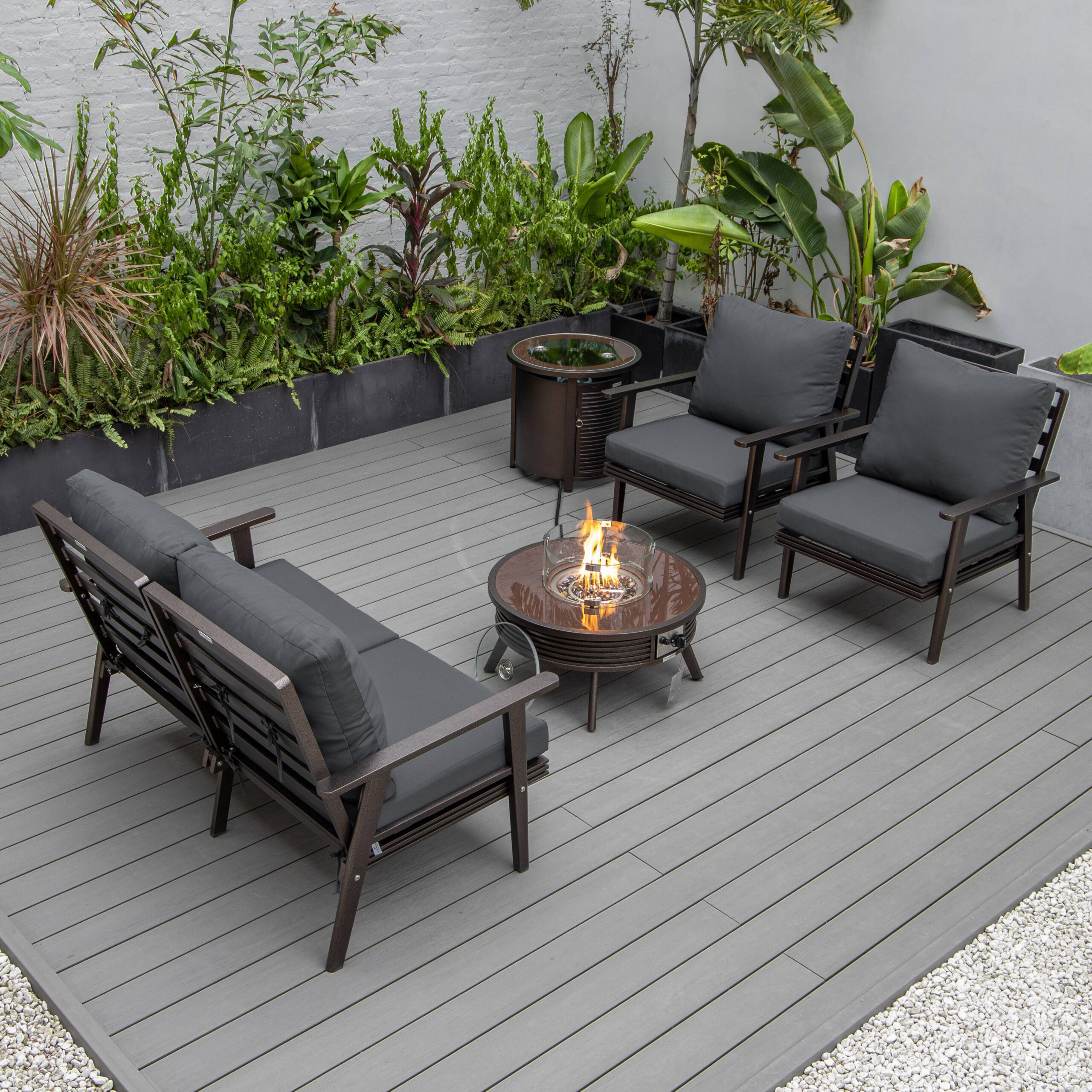 LeisureMod Walbrooke Modern Brown Patio Conversation With Round Fire Pit With Slats Design & Tank Holder - Charcoal