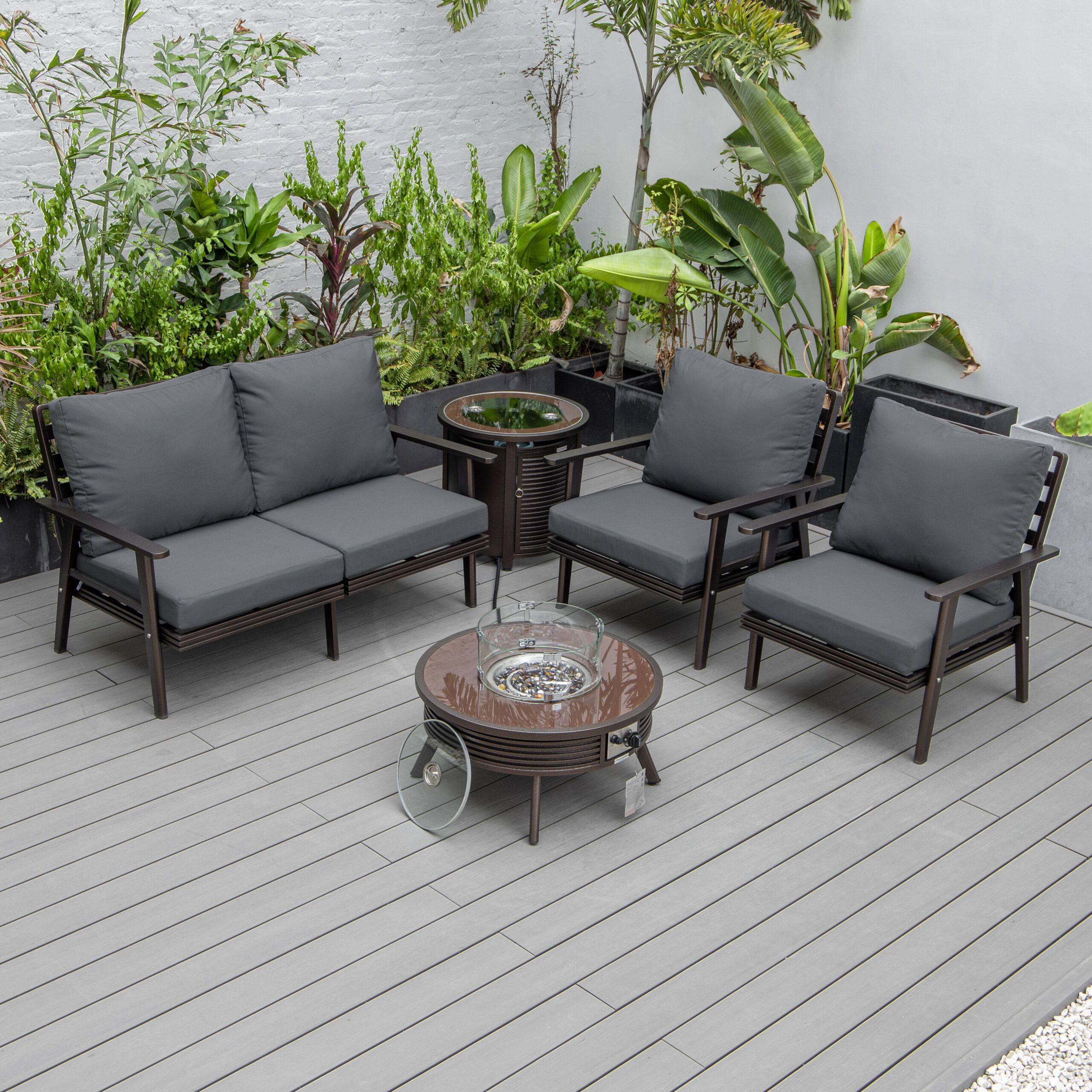 LeisureMod Walbrooke Modern Brown Patio Conversation With Round Fire Pit With Slats Design & Tank Holder - Charcoal