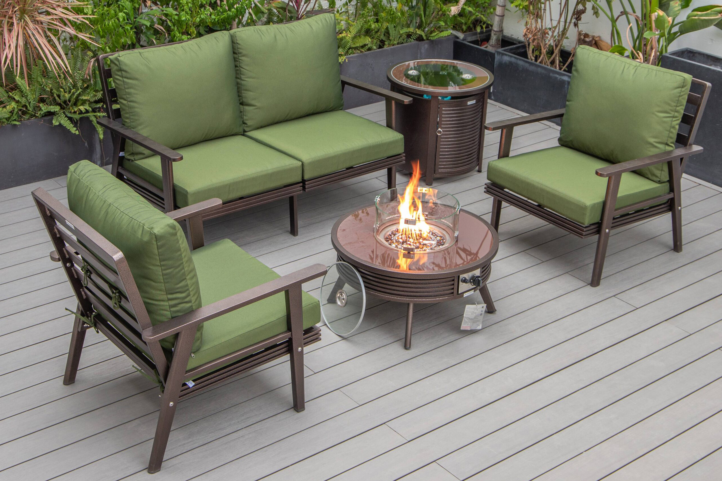 LeisureMod Walbrooke Modern Black Patio Conversation With Round Fire Pit With Slats Design & Tank Holder