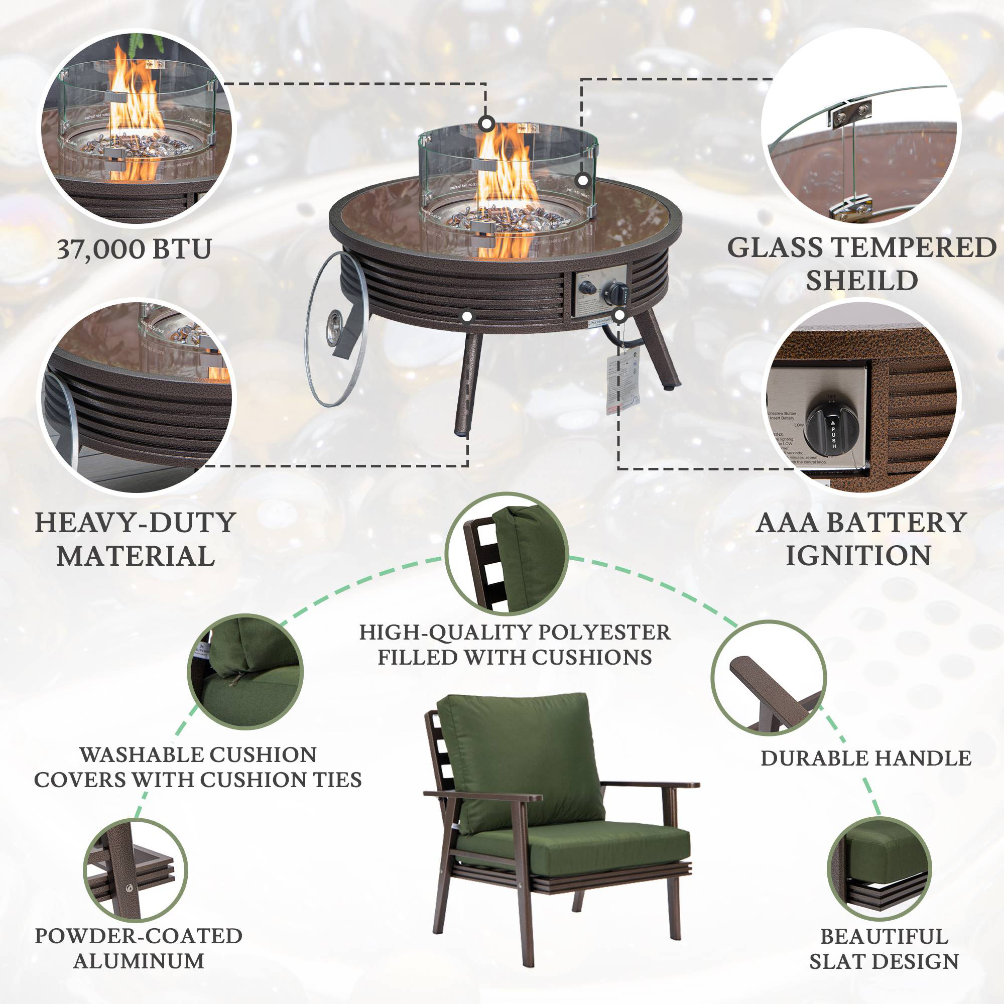 LeisureMod Walbrooke Modern Brown Patio Conversation With Round Fire Pit With Slats Design & Tank Holder - Green