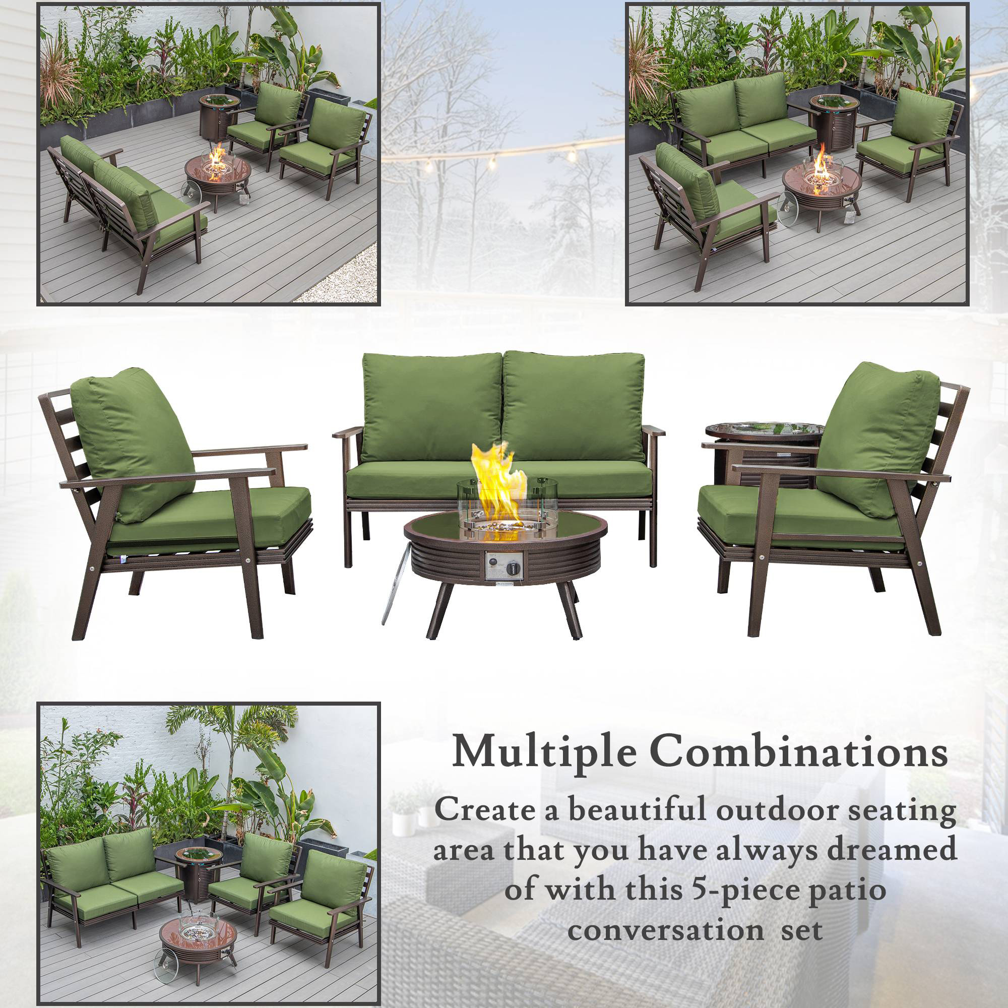 LeisureMod Walbrooke Modern Brown Patio Conversation With Round Fire Pit With Slats Design & Tank Holder - Green