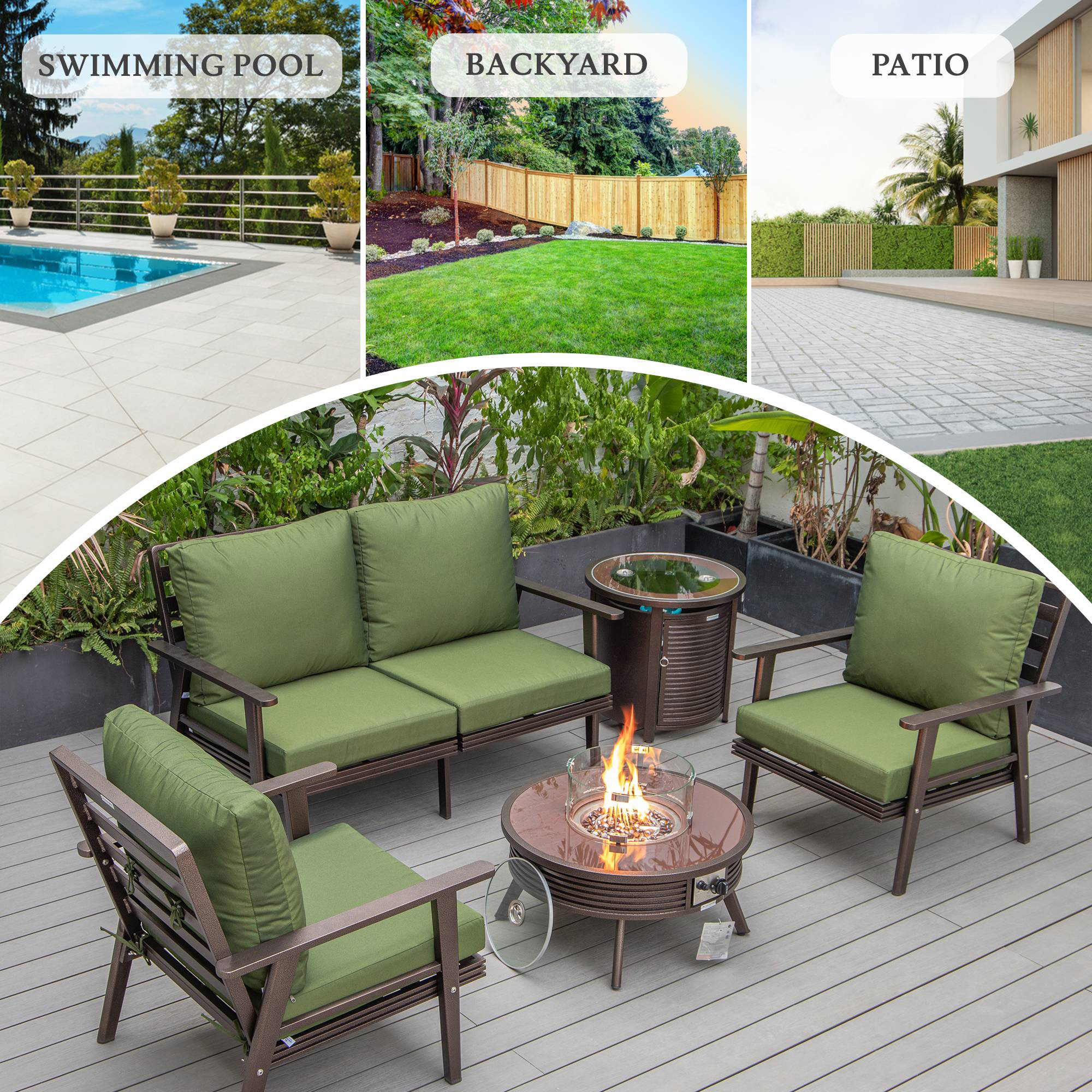 LeisureMod Walbrooke Modern Brown Patio Conversation With Round Fire Pit With Slats Design & Tank Holder - Green