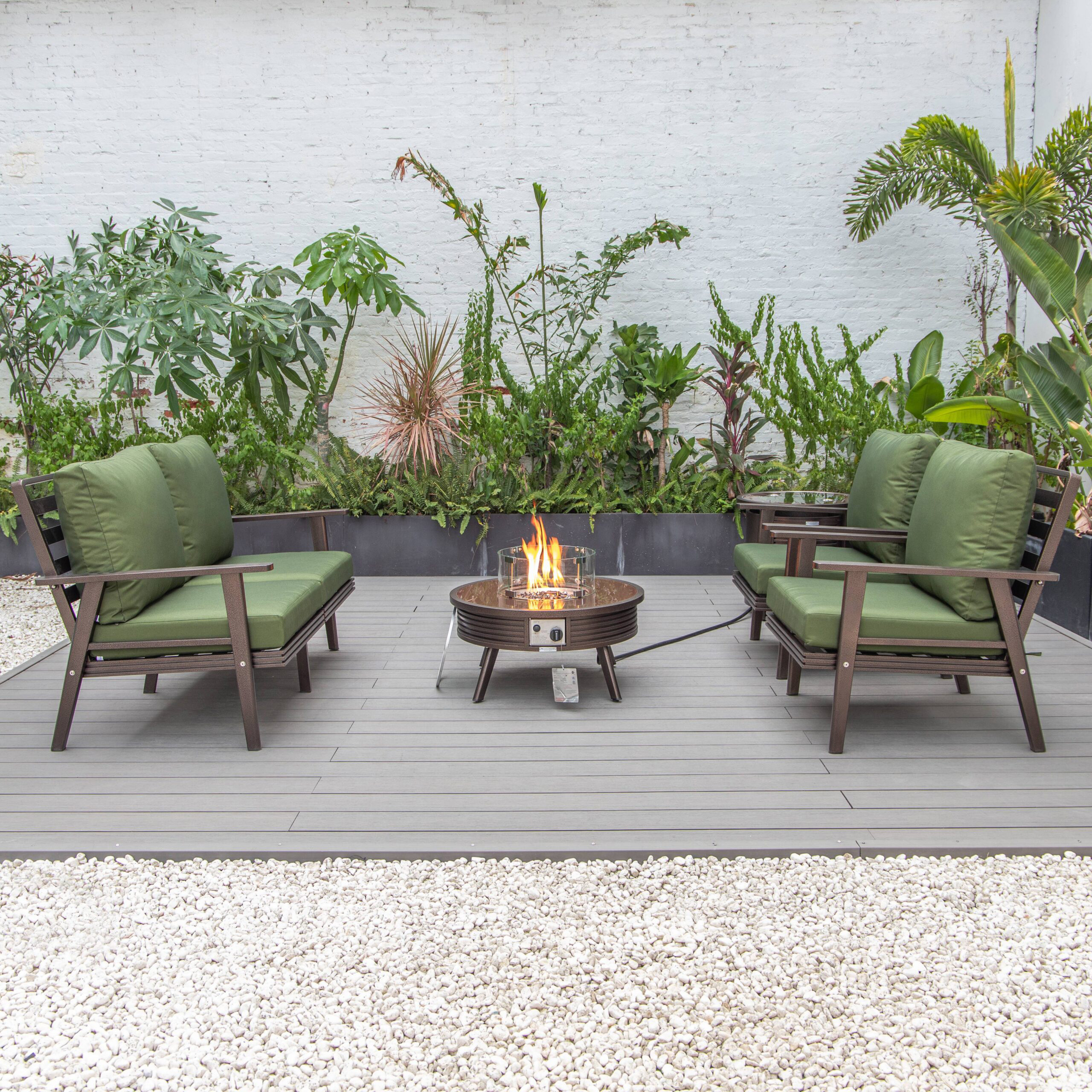 LeisureMod Walbrooke Modern Brown Patio Conversation With Round Fire Pit With Slats Design & Tank Holder - Green