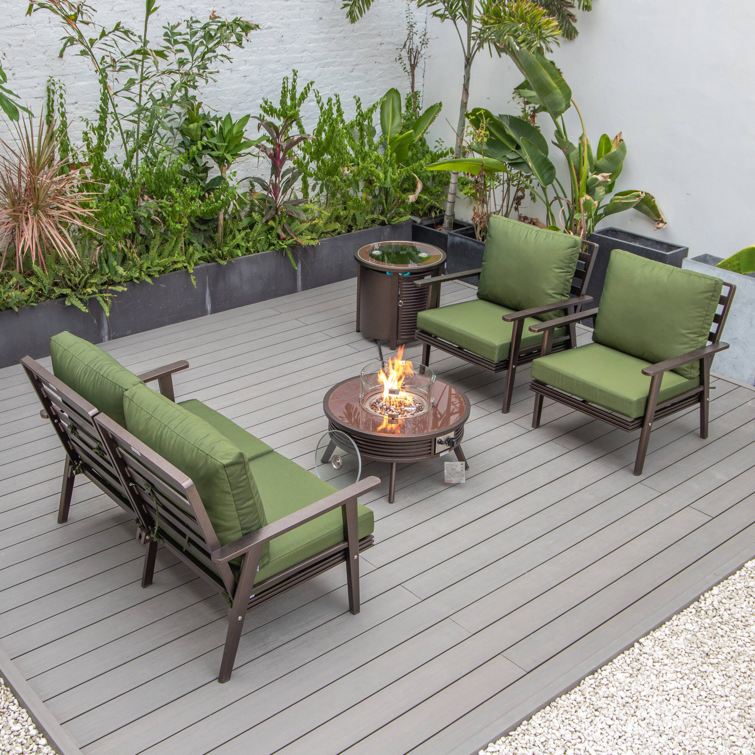 LeisureMod Walbrooke Modern Brown Patio Conversation With Round Fire Pit With Slats Design & Tank Holder - Green