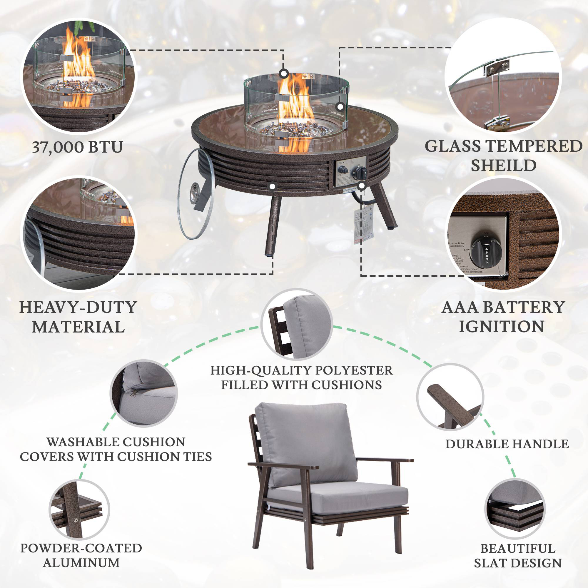 LeisureMod Walbrooke Modern Brown Patio Conversation With Round Fire Pit With Slats Design & Tank Holder - Gray