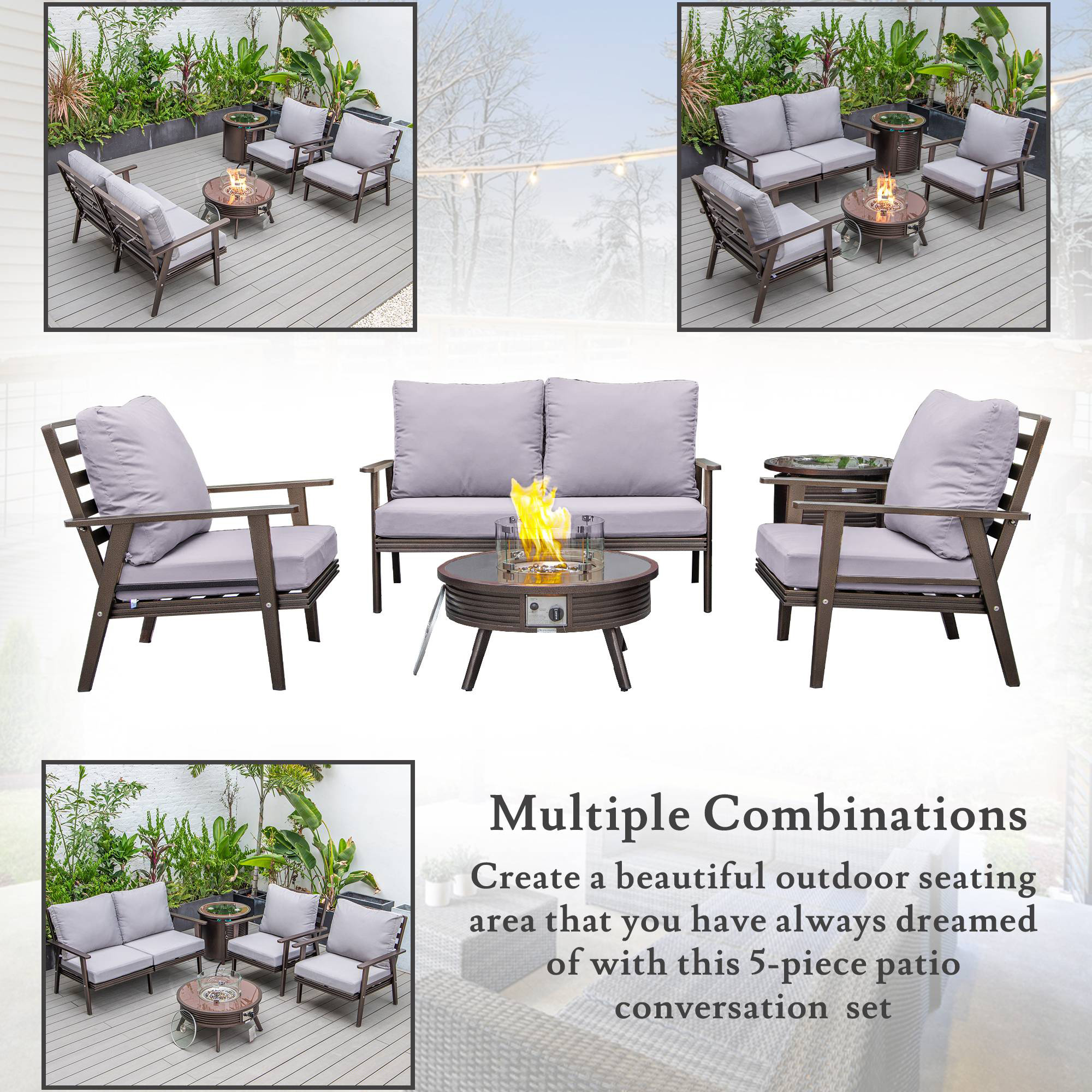 LeisureMod Walbrooke Modern Brown Patio Conversation With Round Fire Pit With Slats Design & Tank Holder - Gray