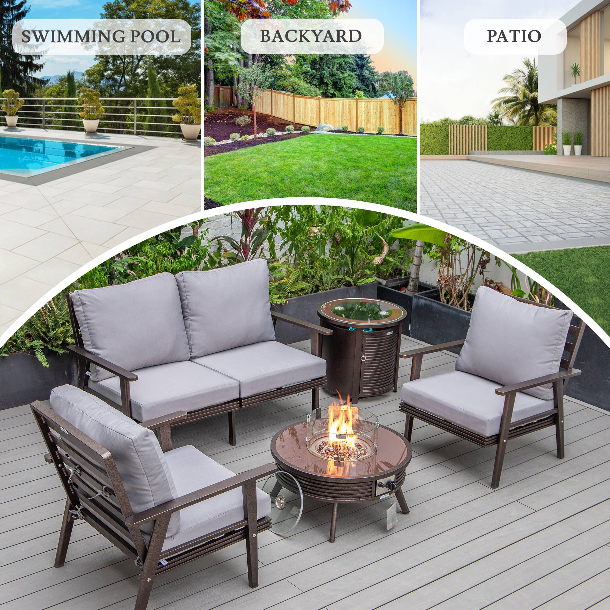 LeisureMod Walbrooke Modern Brown Patio Conversation With Round Fire Pit With Slats Design & Tank Holder - Gray