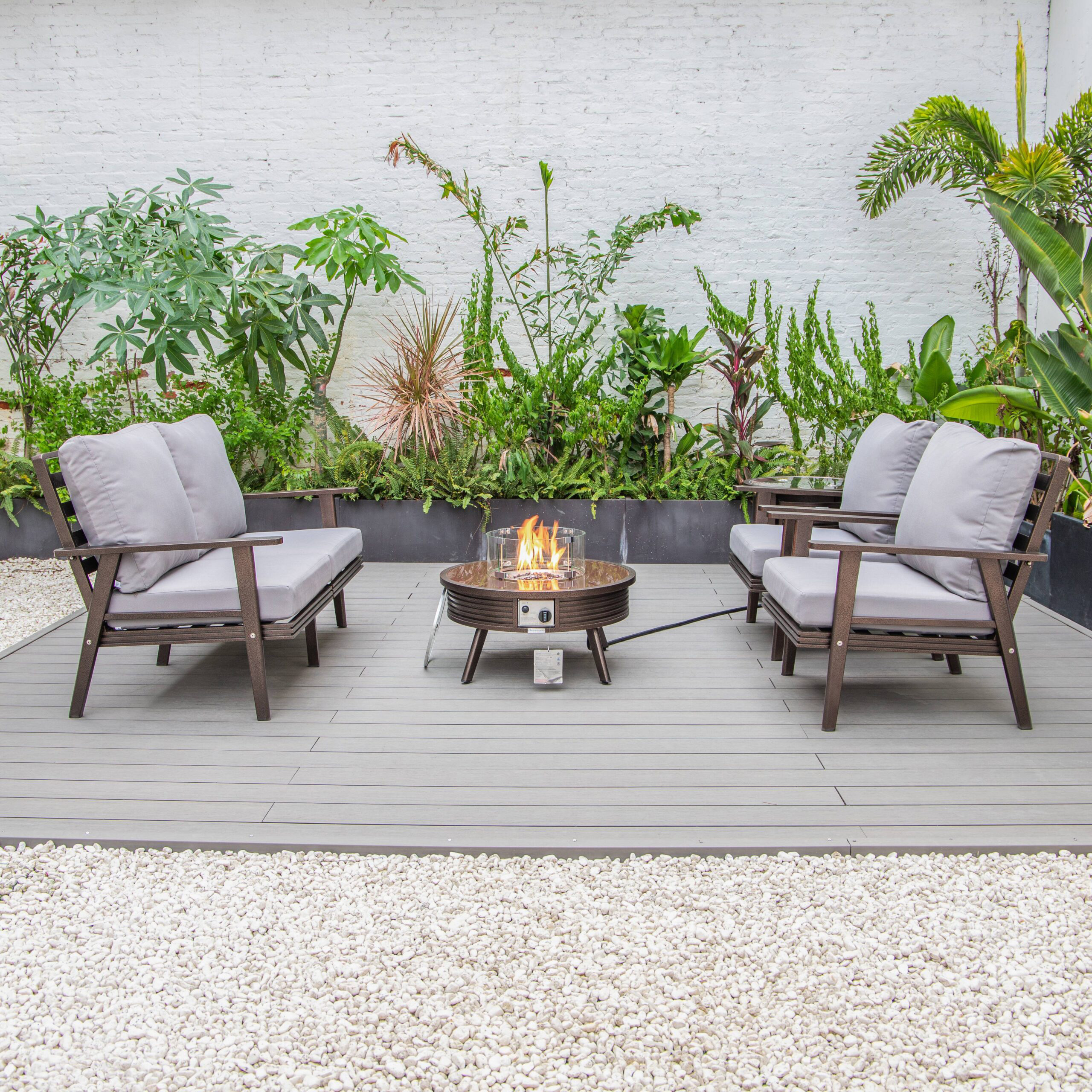 LeisureMod Walbrooke Modern Brown Patio Conversation With Round Fire Pit With Slats Design & Tank Holder - Gray