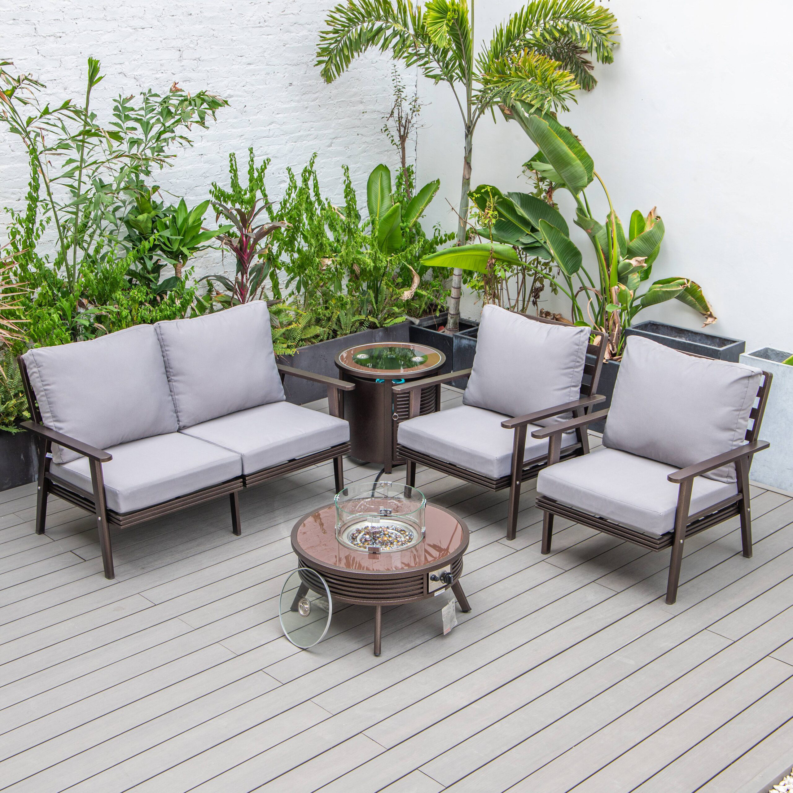 LeisureMod Walbrooke Modern Brown Patio Conversation With Round Fire Pit With Slats Design & Tank Holder - Gray