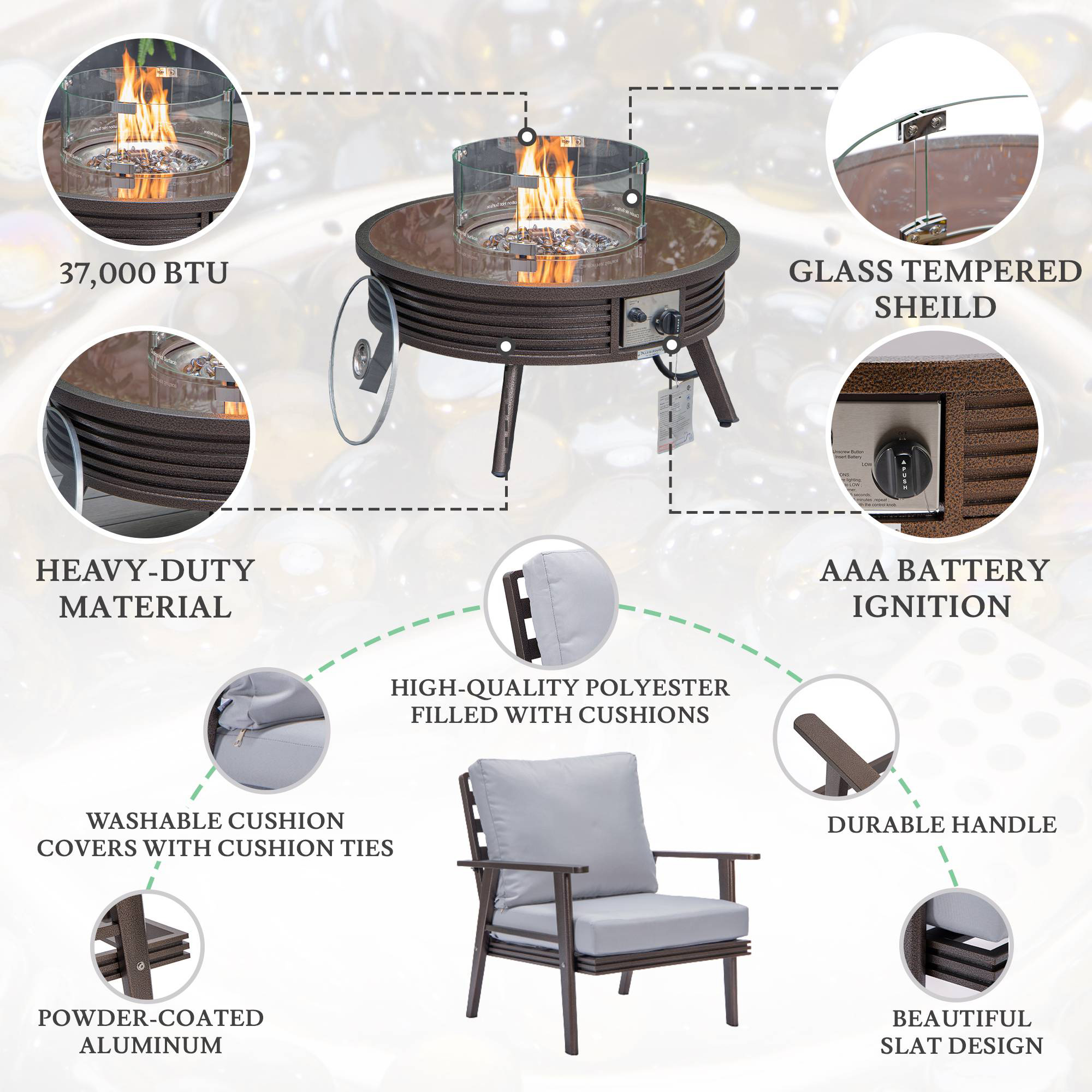 LeisureMod Walbrooke Modern Brown Patio Conversation With Round Fire Pit With Slats Design & Tank Holder - Light Gray