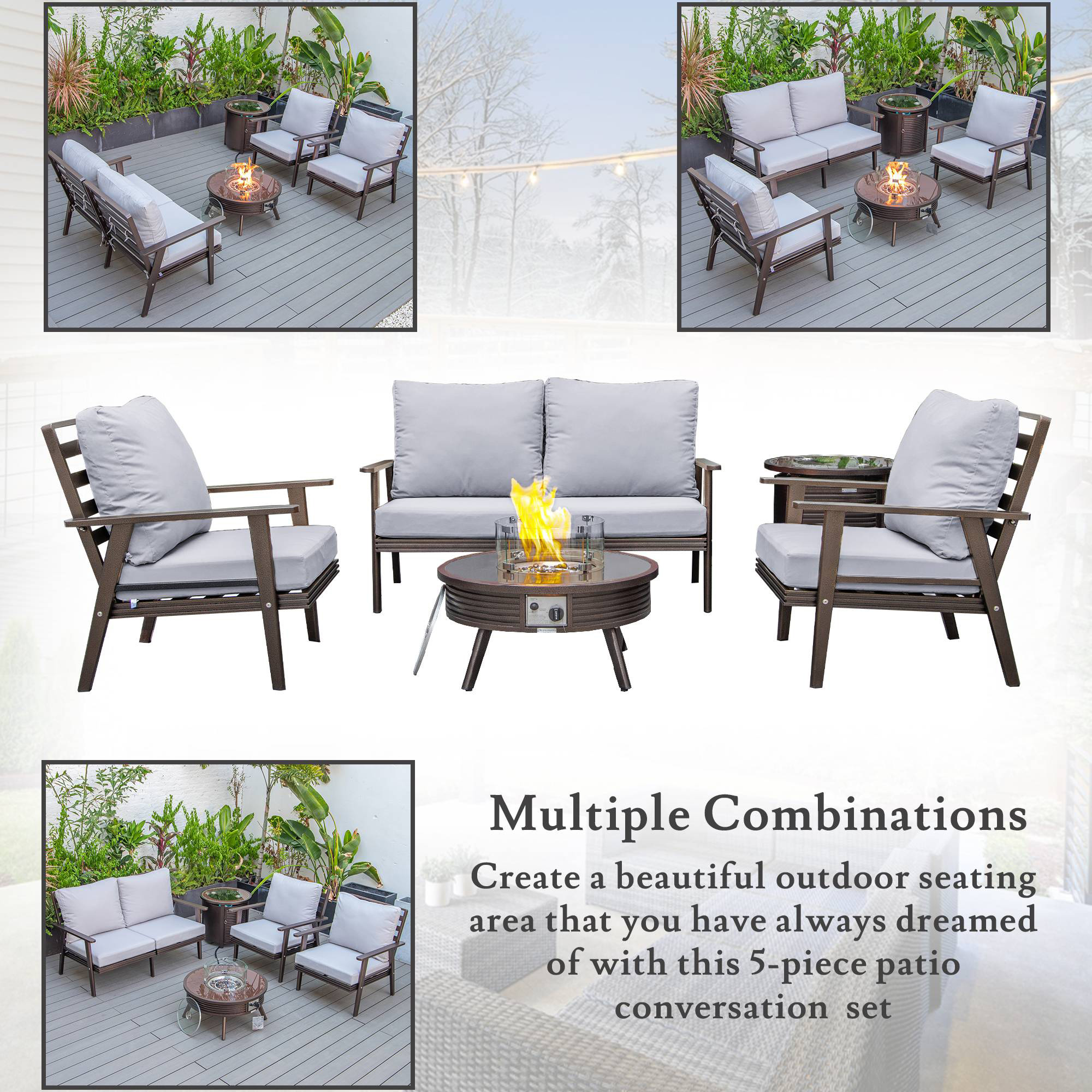 LeisureMod Walbrooke Modern Brown Patio Conversation With Round Fire Pit With Slats Design & Tank Holder - Light Gray