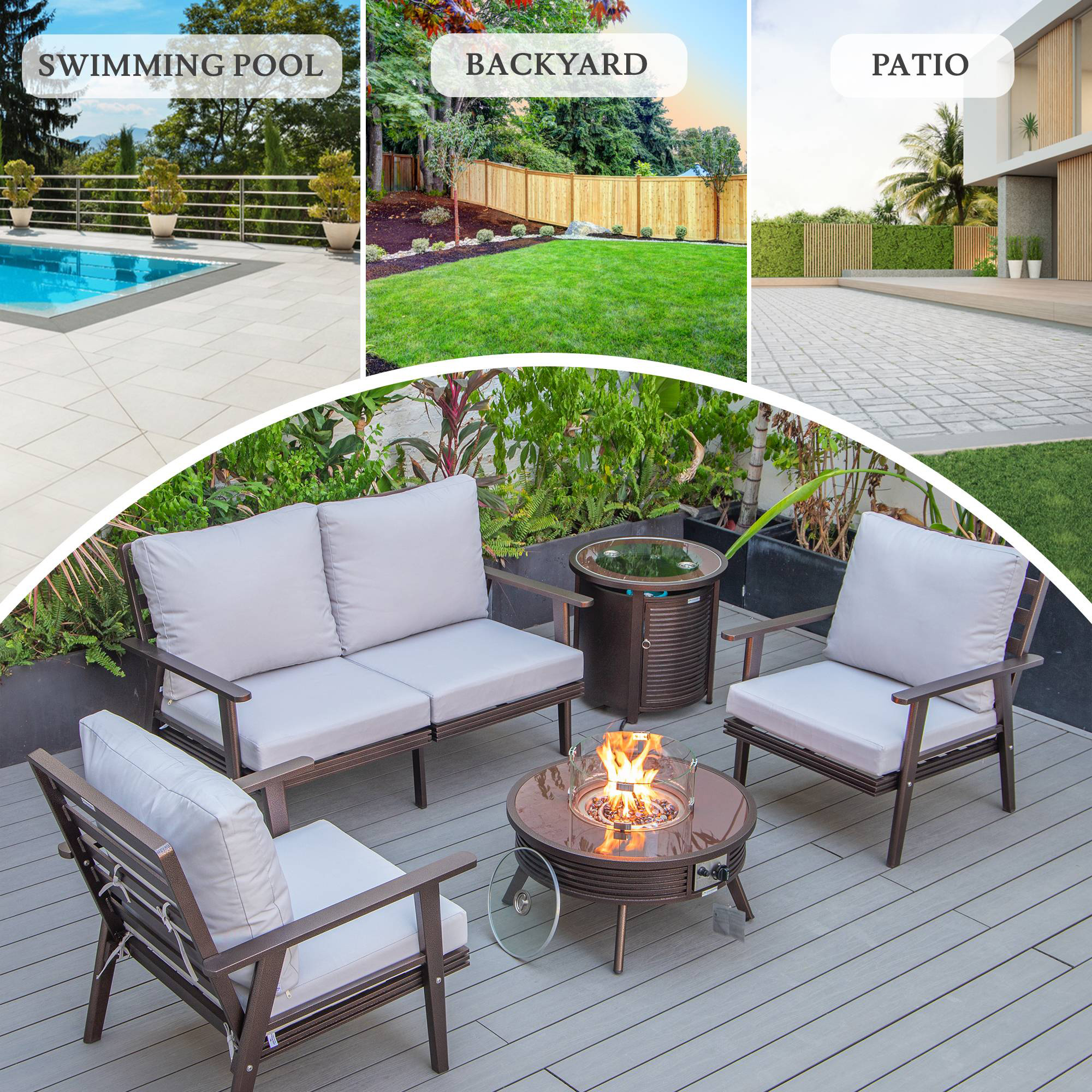 LeisureMod Walbrooke Modern Brown Patio Conversation With Round Fire Pit With Slats Design & Tank Holder - Light Gray