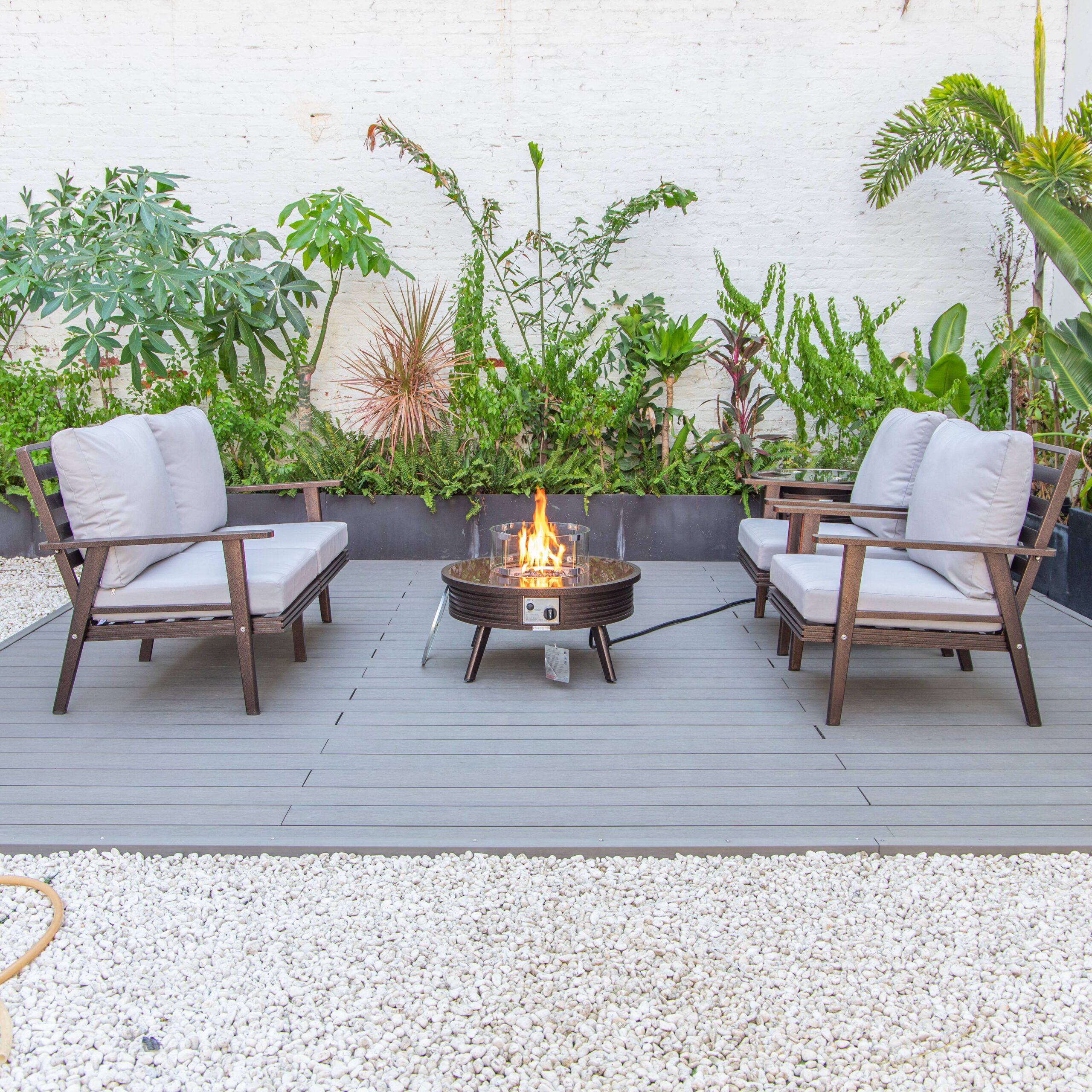 LeisureMod Walbrooke Modern Brown Patio Conversation With Round Fire Pit With Slats Design & Tank Holder - Light Gray