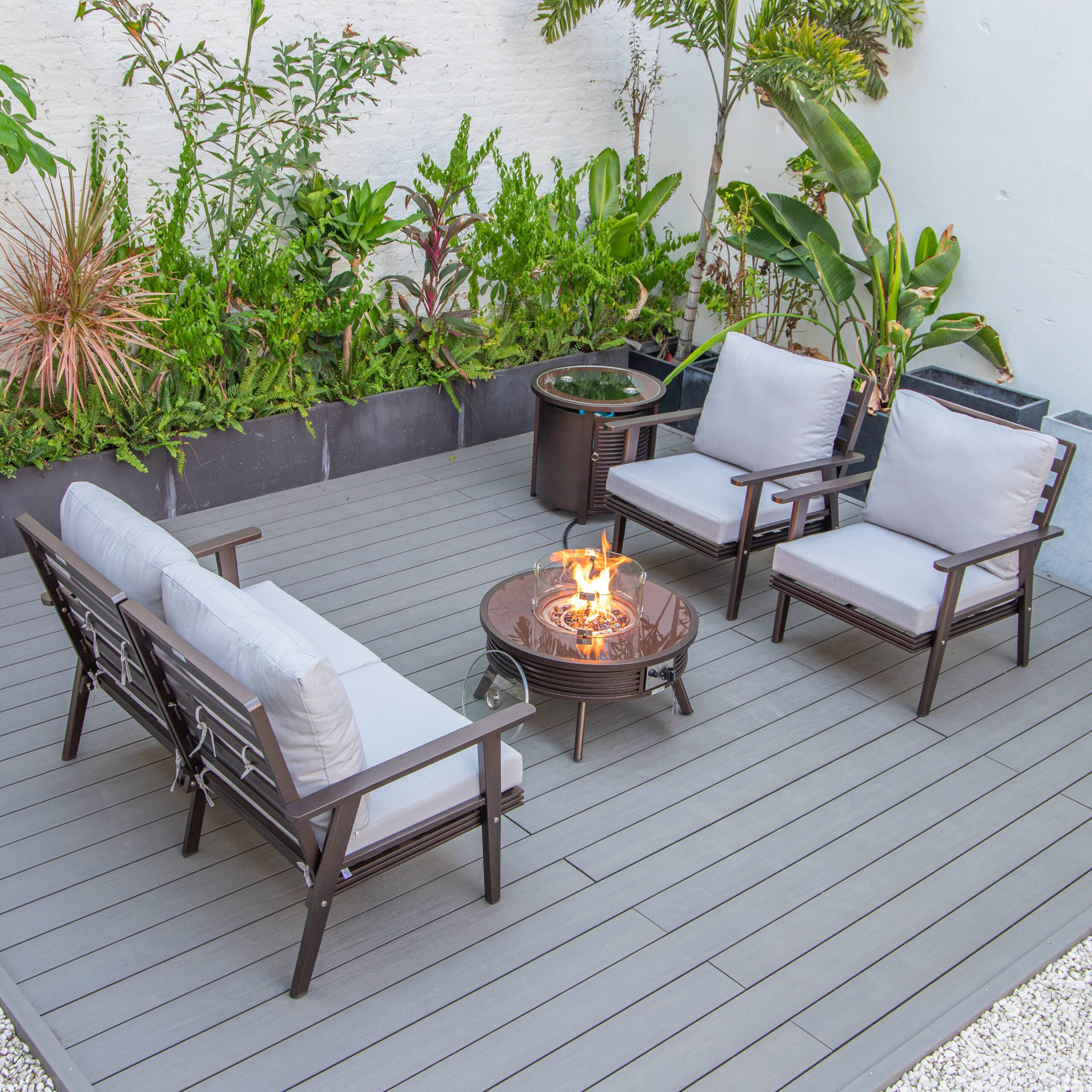 LeisureMod Walbrooke Modern Brown Patio Conversation With Round Fire Pit With Slats Design & Tank Holder - Light Gray