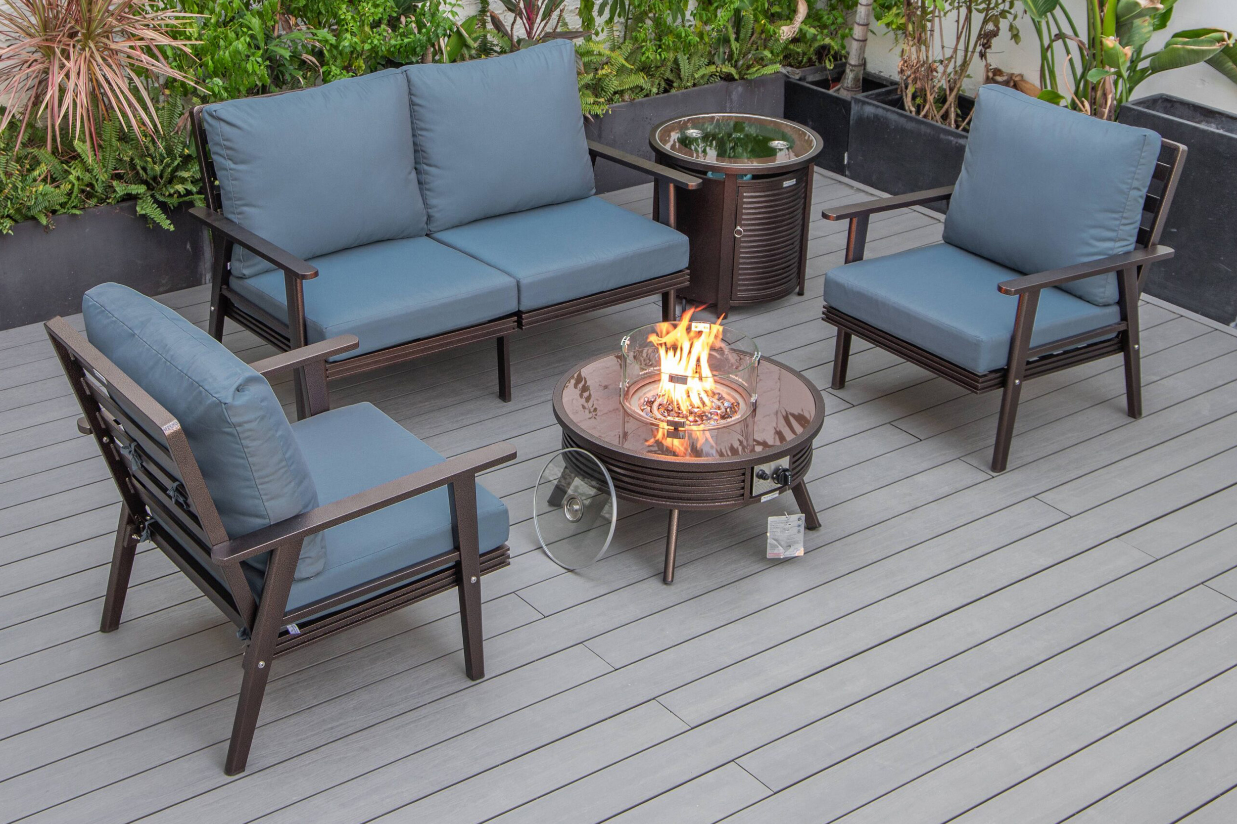 LeisureMod Walbrooke Modern Black Patio Conversation With Round Fire Pit With Slats Design & Tank Holder