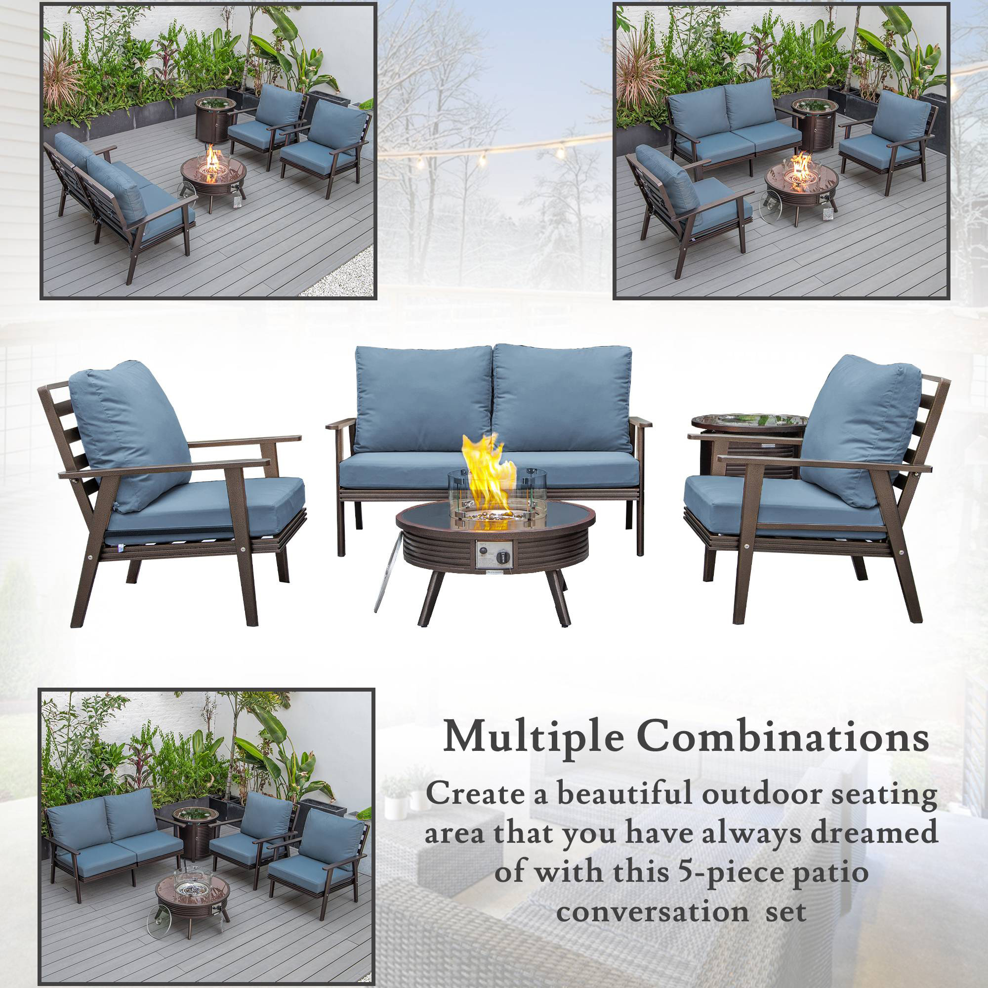 LeisureMod Walbrooke Modern Brown Patio Conversation With Round Fire Pit With Slats Design & Tank Holder - Navy Blue