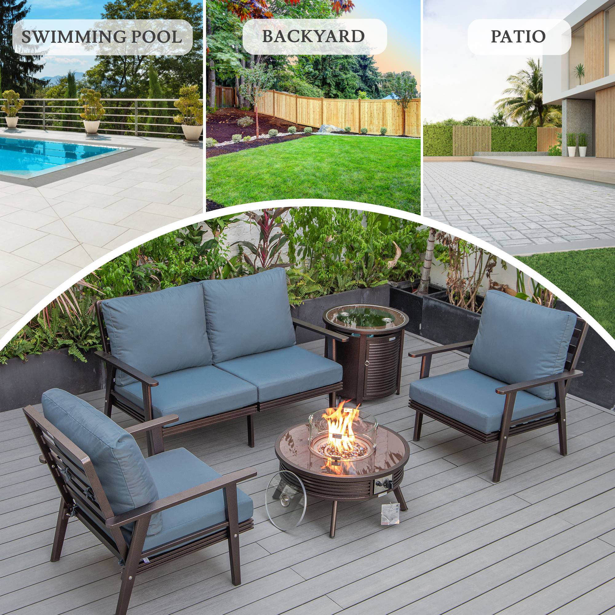 LeisureMod Walbrooke Modern Brown Patio Conversation With Round Fire Pit With Slats Design & Tank Holder - Navy Blue