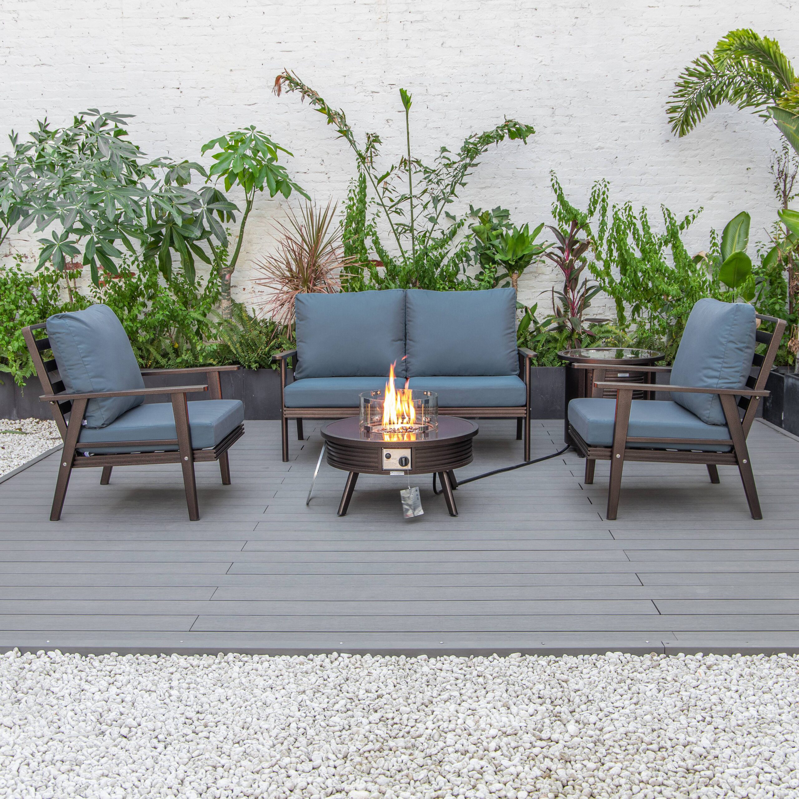 LeisureMod Walbrooke Modern Brown Patio Conversation With Round Fire Pit With Slats Design & Tank Holder - Navy Blue